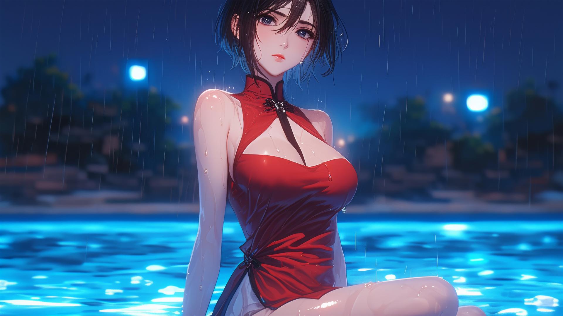 Mikasa Ackerman from Attack on Titan standing in a rainy pool, moonlight on her figure
