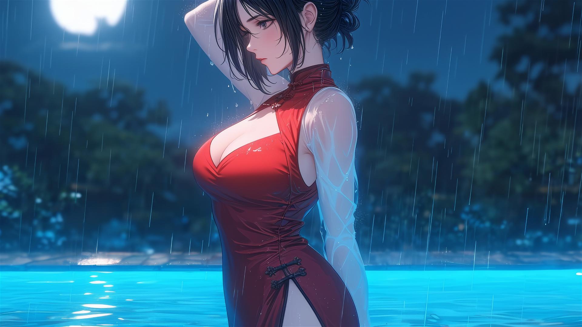 Mikasa Ackerman in red dress standing in rainy pool under moonlight