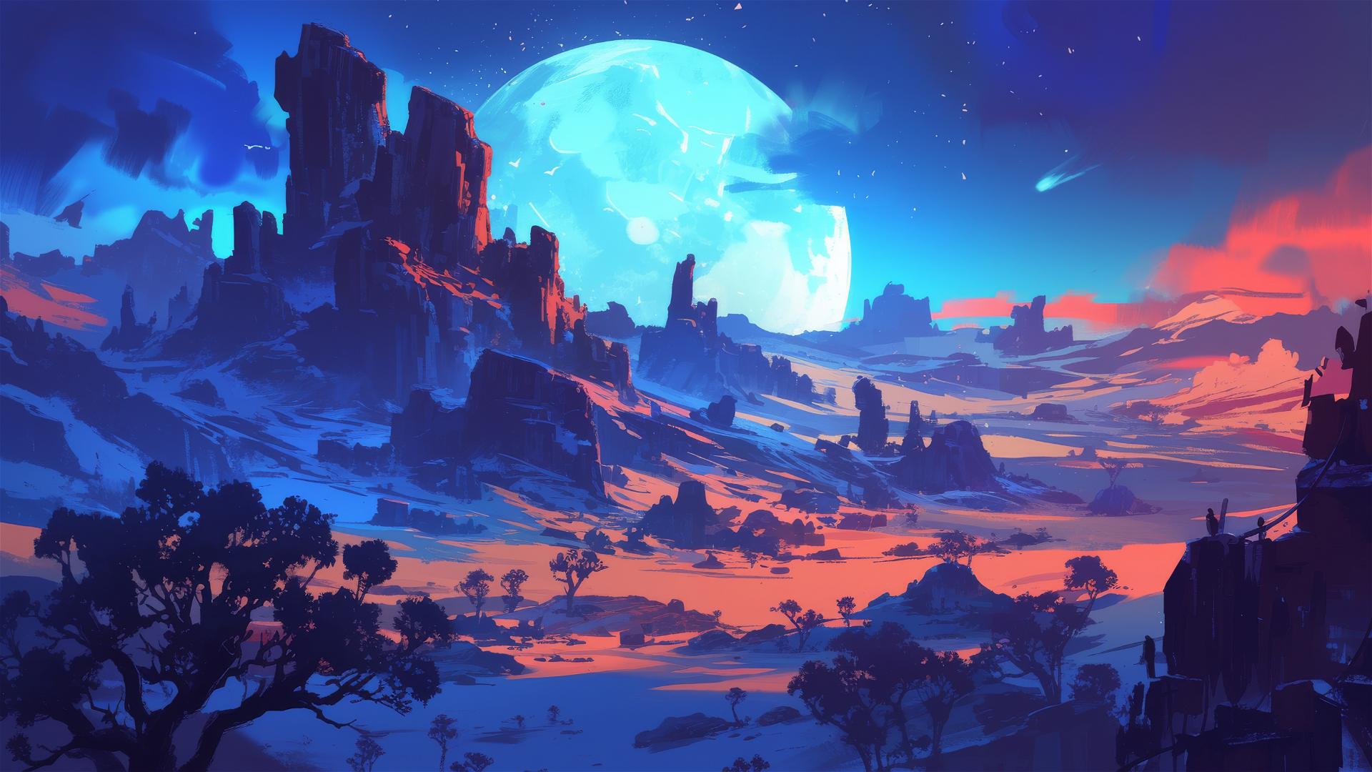 Surreal badlands terrain under a full moon with eerie shadows