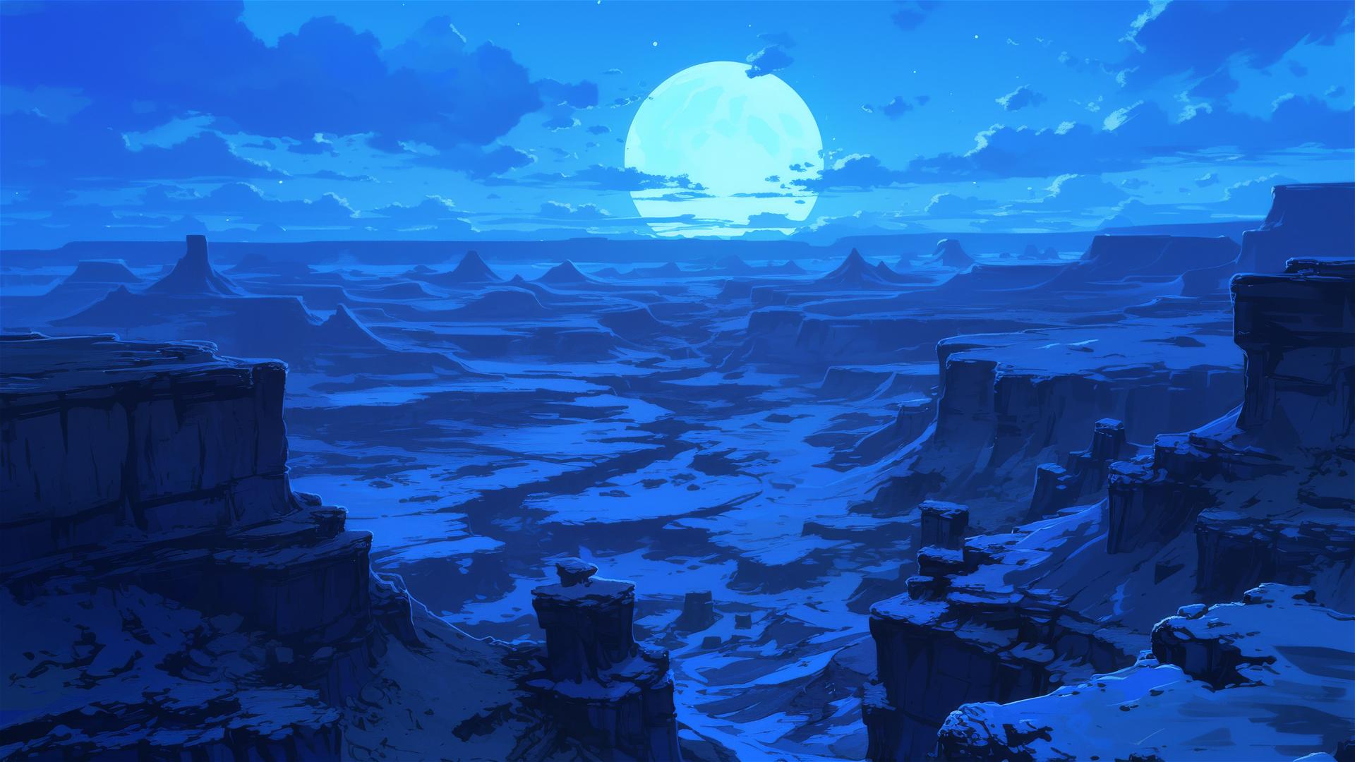Surreal badlands terrain under a full moon with eerie shadows
