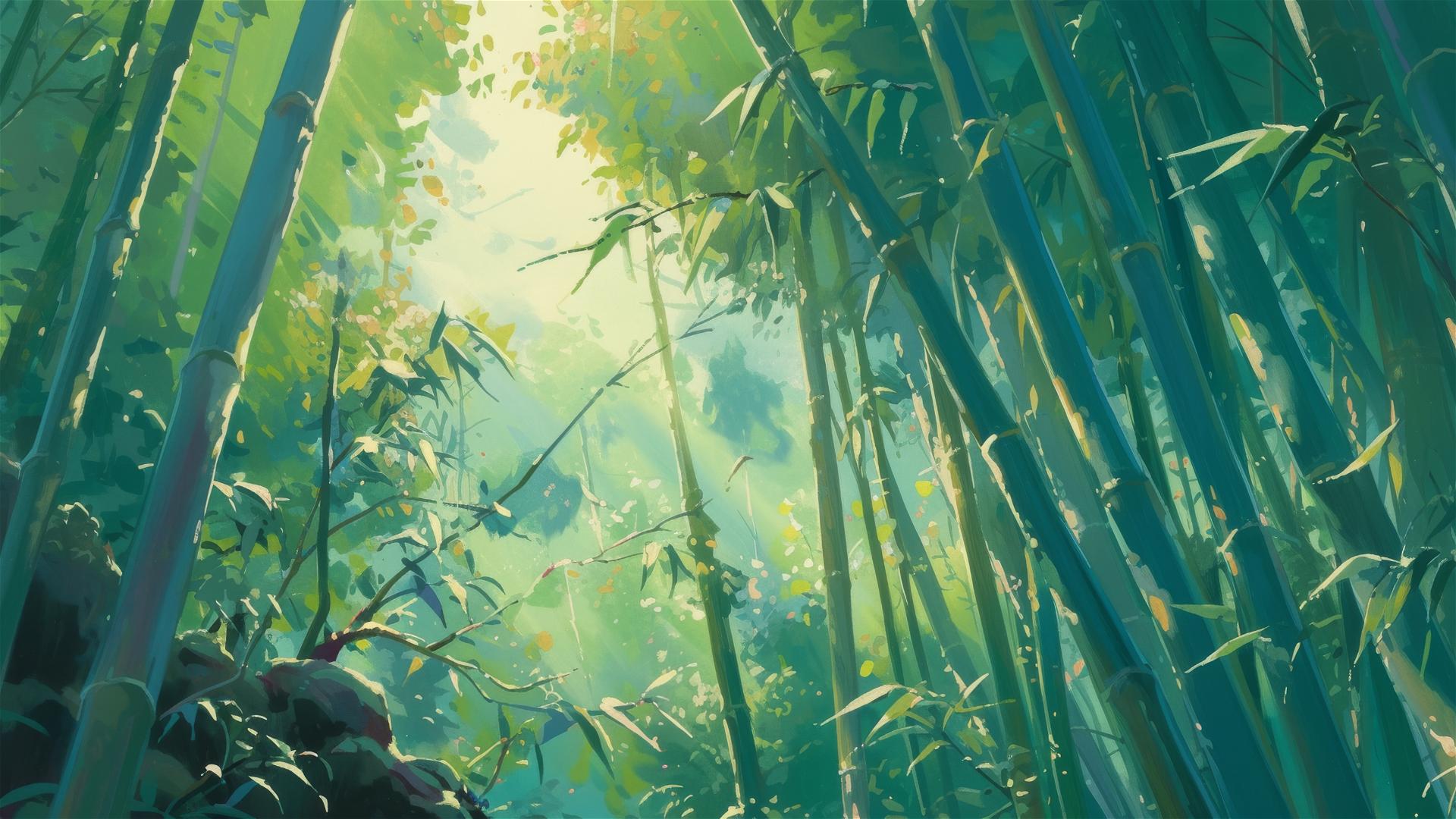 Light streaming through a dense bamboo forest with gently rustling leaves