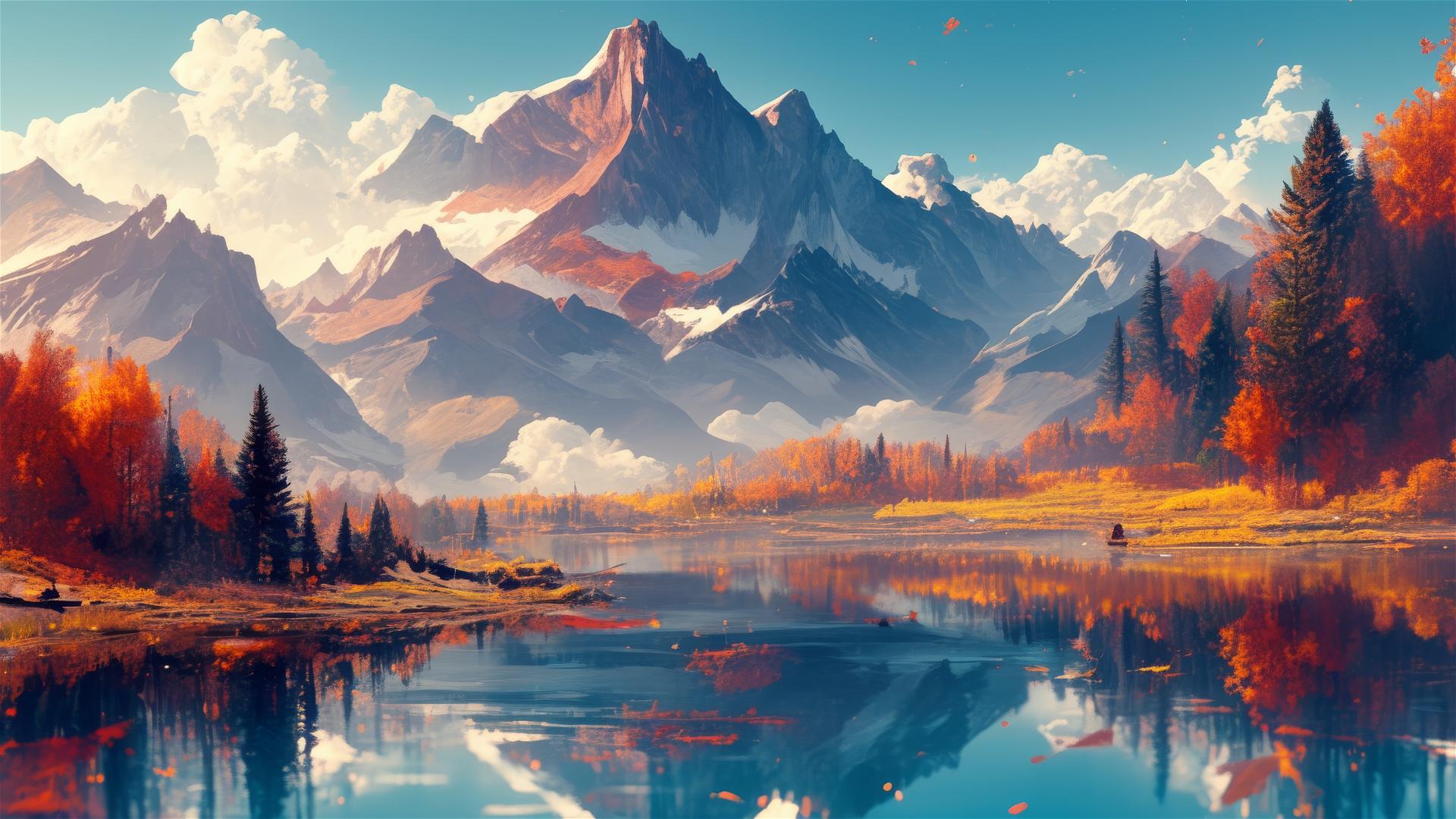 Mountain lake with autumn foliage reflection on a tranquil morning