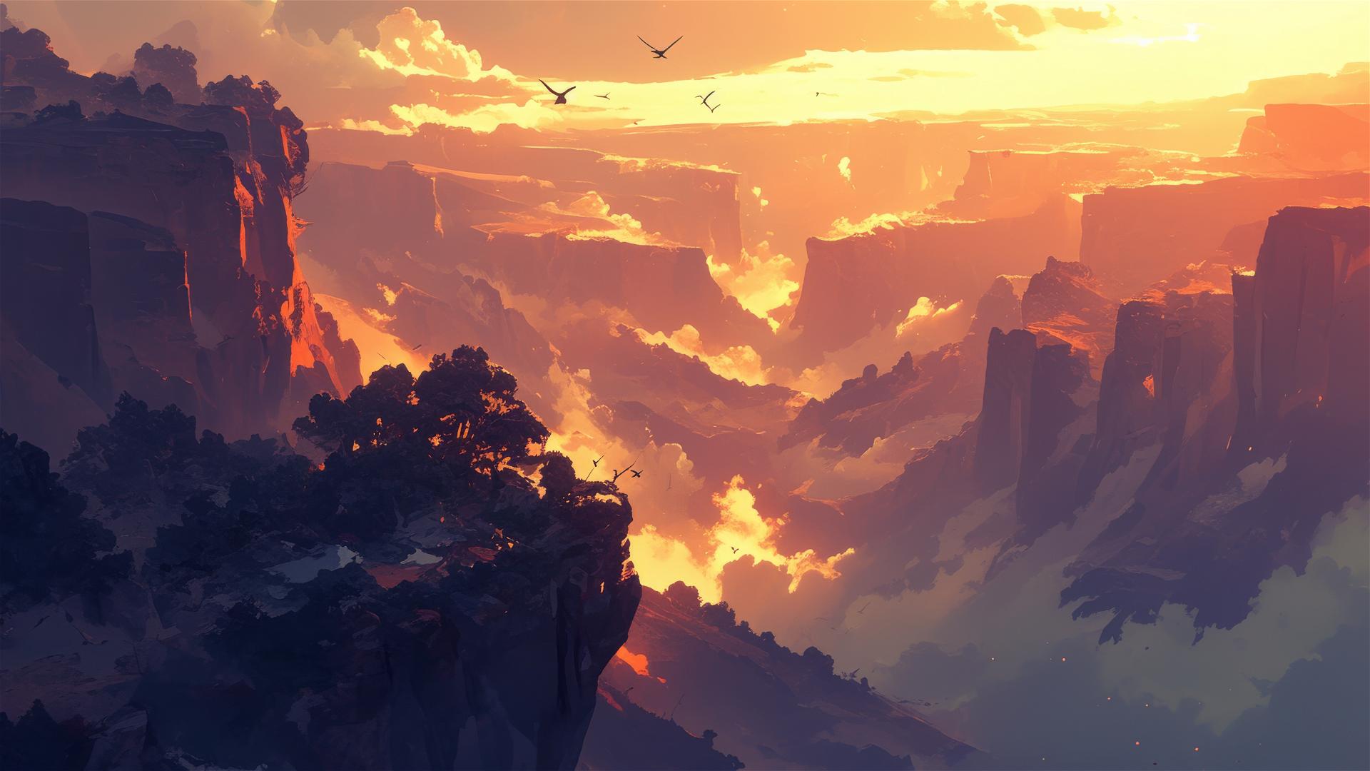 Golden sunrise over misty canyon with layered cliffs