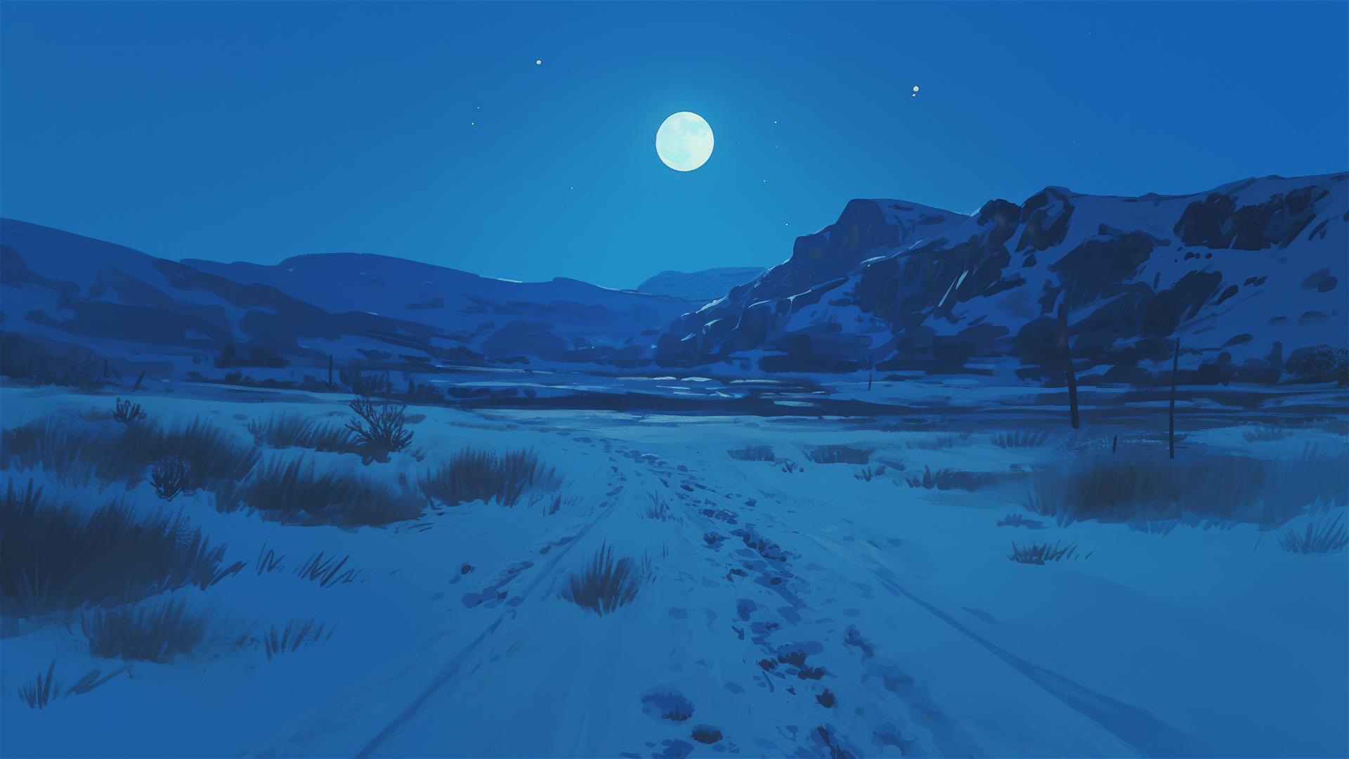 Quiet moonlit snowfield with crisscrossing animal tracks under full moon