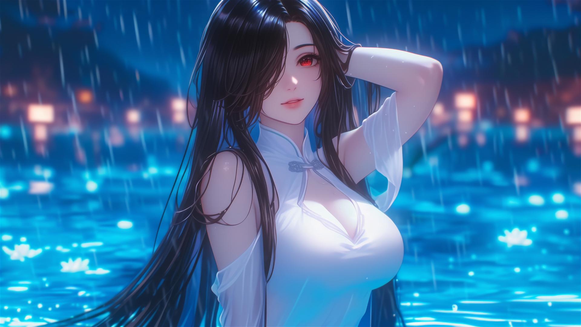 Kurumi Tokisaki from Date A Live standing in rainy pool with moon glow