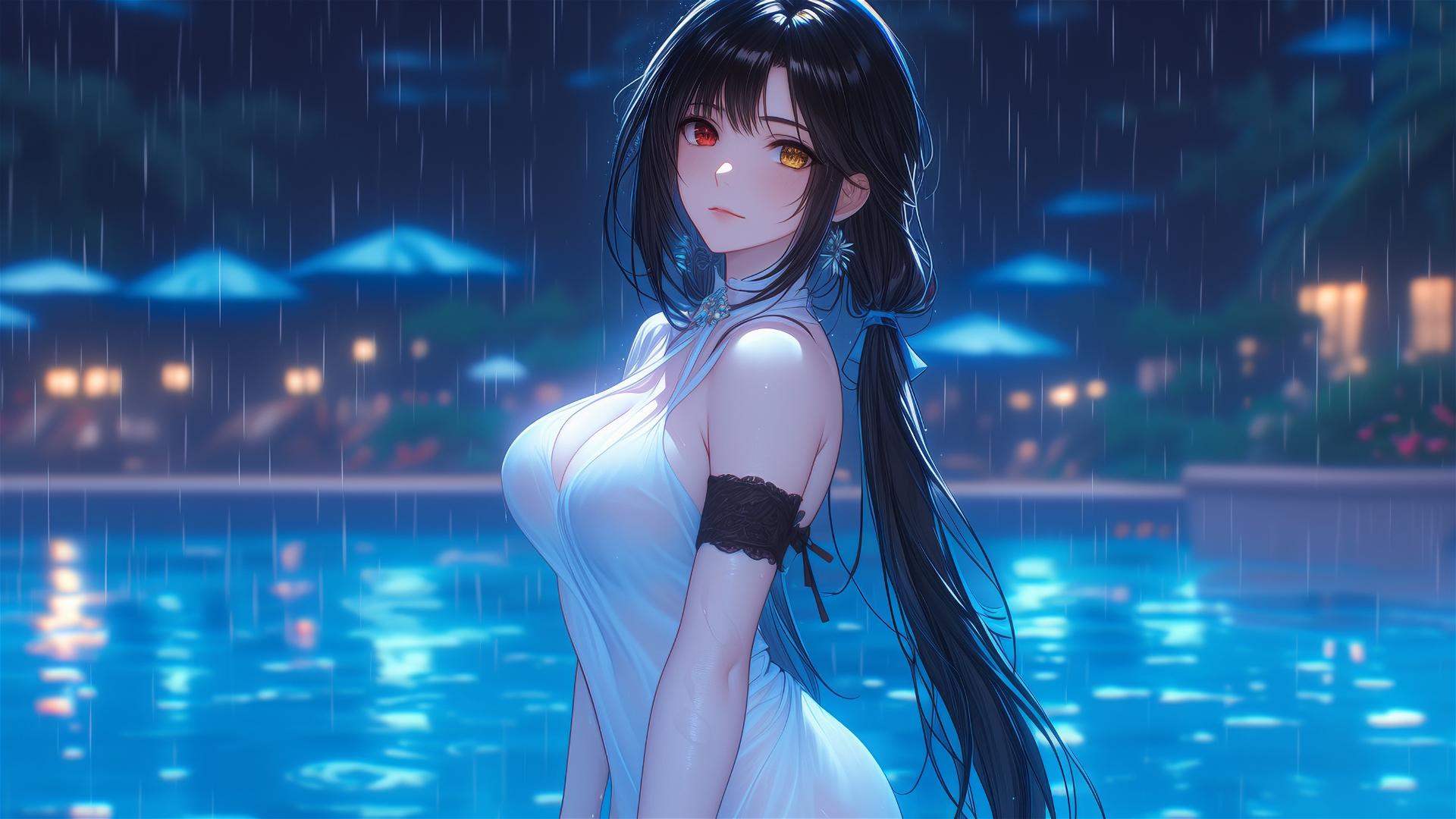 Kurumi Tokisaki from Date A Live standing in pool under moonlight, dress in white, red and yellow eyes
