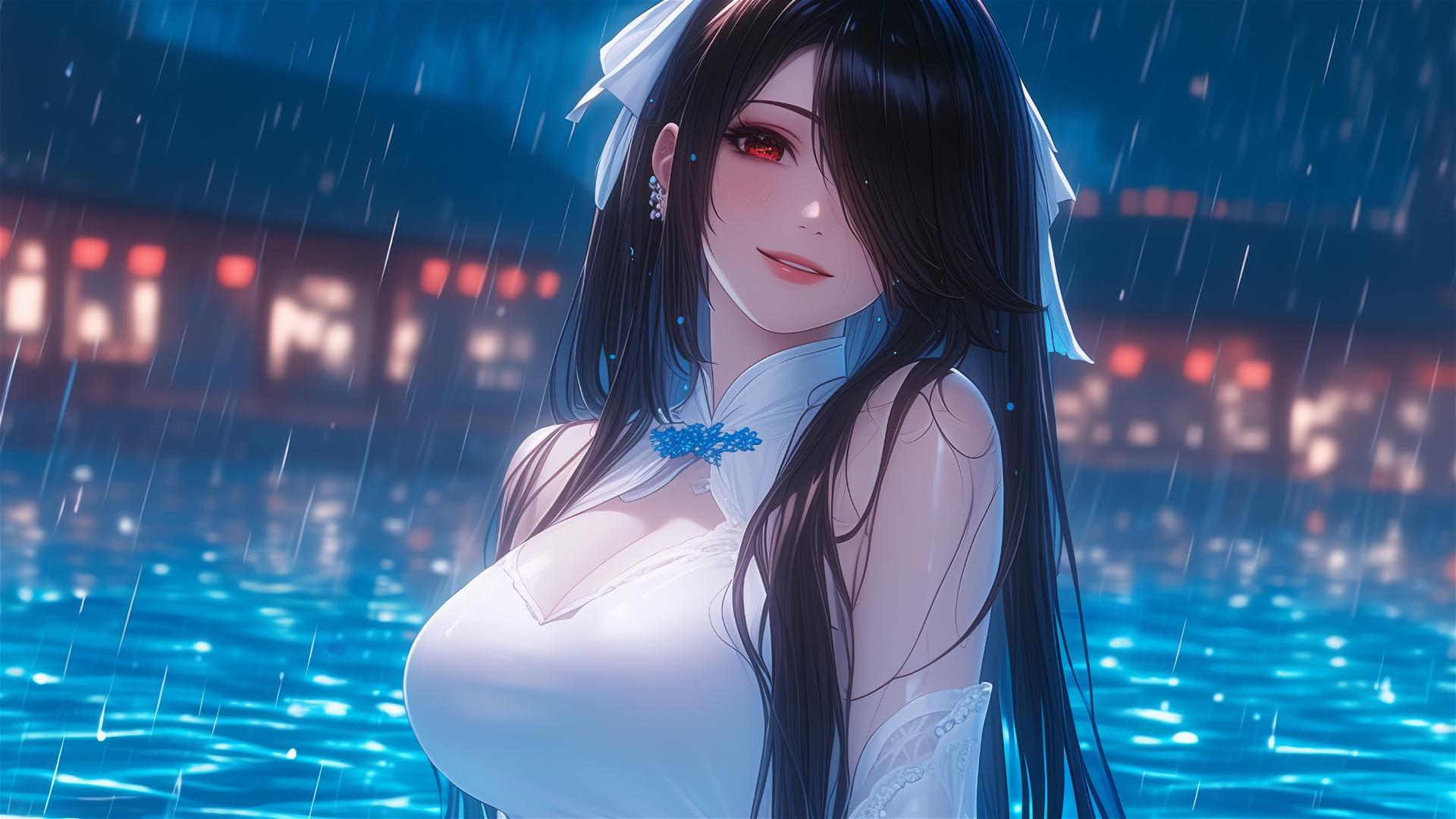 Kurumi Tokisaki stands in a pool under moonlight, rain falling, dressed in white with one red eye visible.