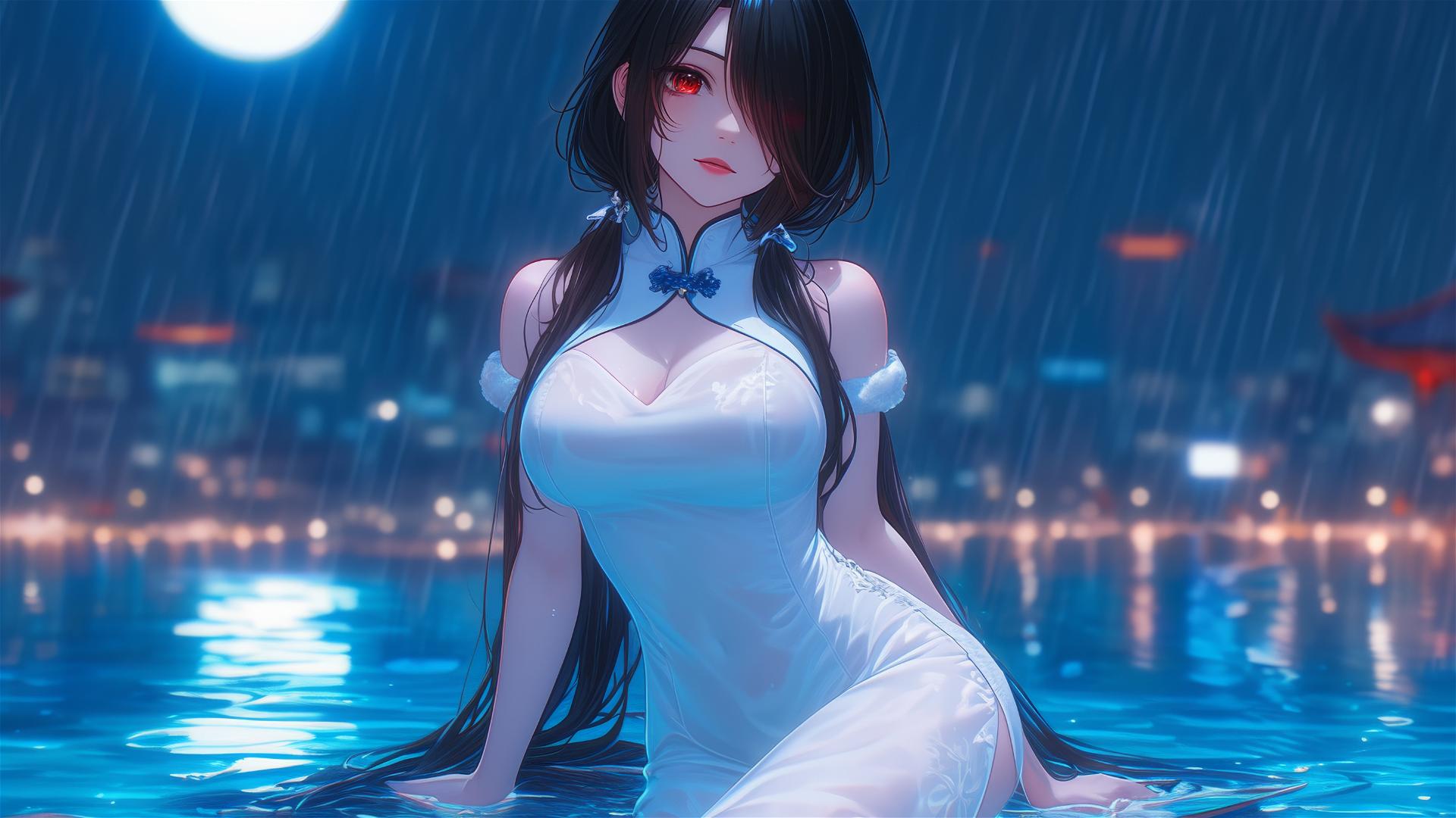 Kurumi Tokisaki in a white dress at a moonlit rainy pool, red eye visible, one eye covered by hair