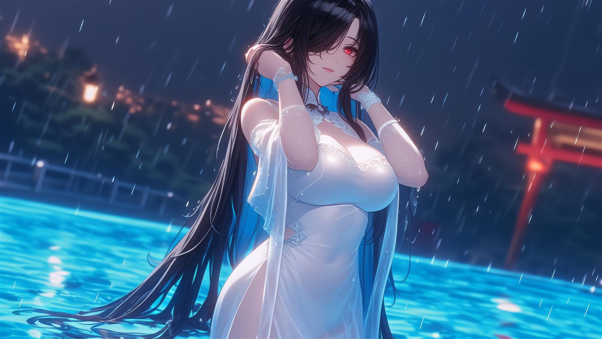 Kurumi Tokisaki in a white dress at a rainy pool under moonlight with one red eye