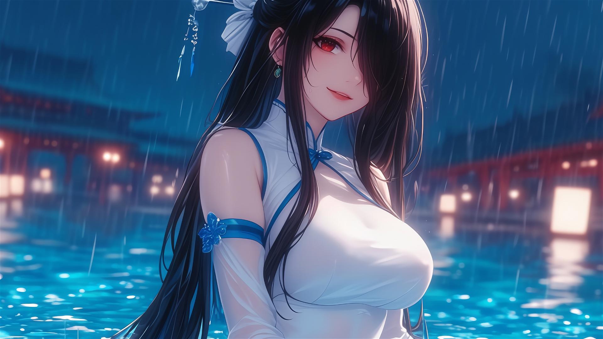 Kurumi Tokisaki in a white dress in a rainy pool by moonlight