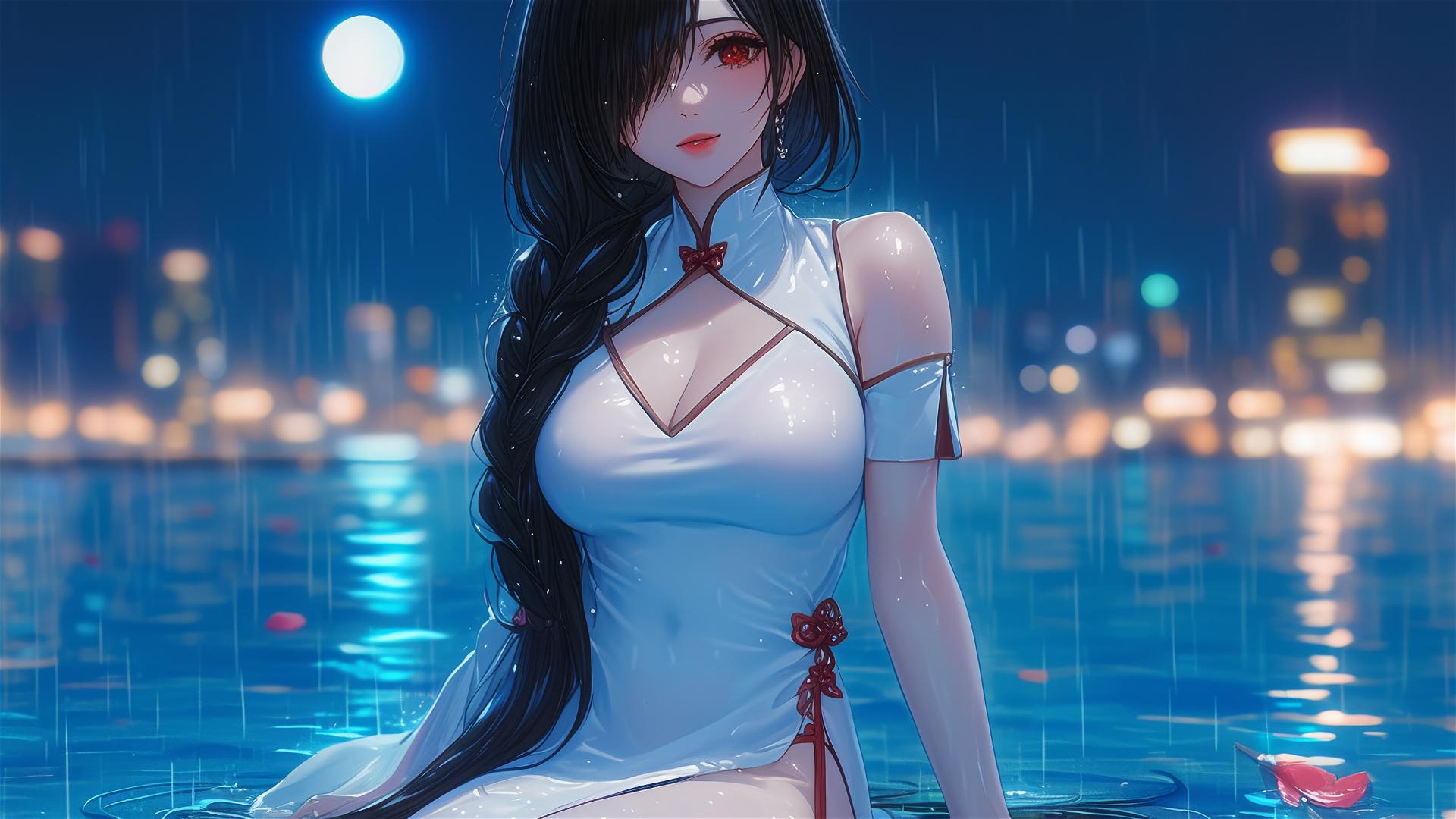 Kurumi Tokisaki from Date A Live in rainy pool with moonlit glow, white dress, one red eye