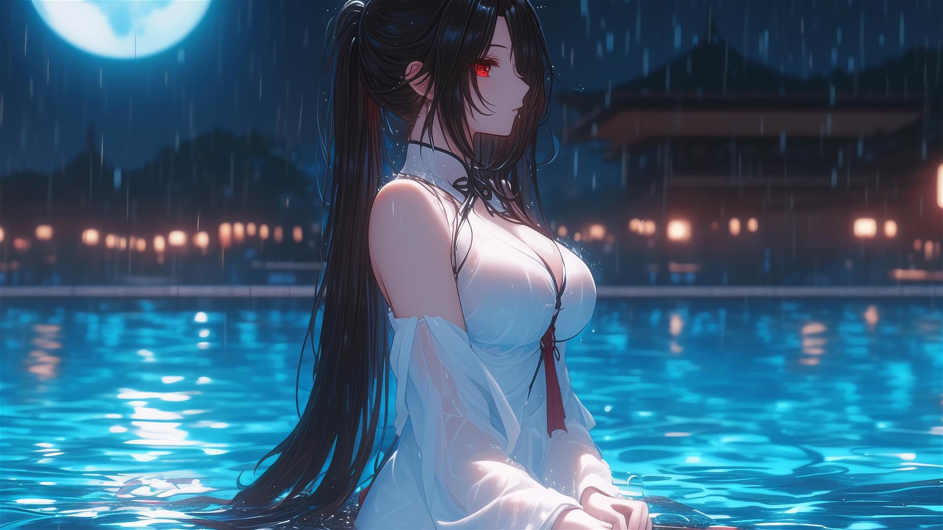 Kurumi Tokisaki in white, rainy pool under moonlight, red eye visible