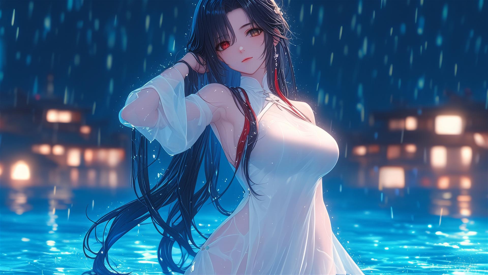 Kurumi Tokisaki in white dress by moonlit pool, red eye visible