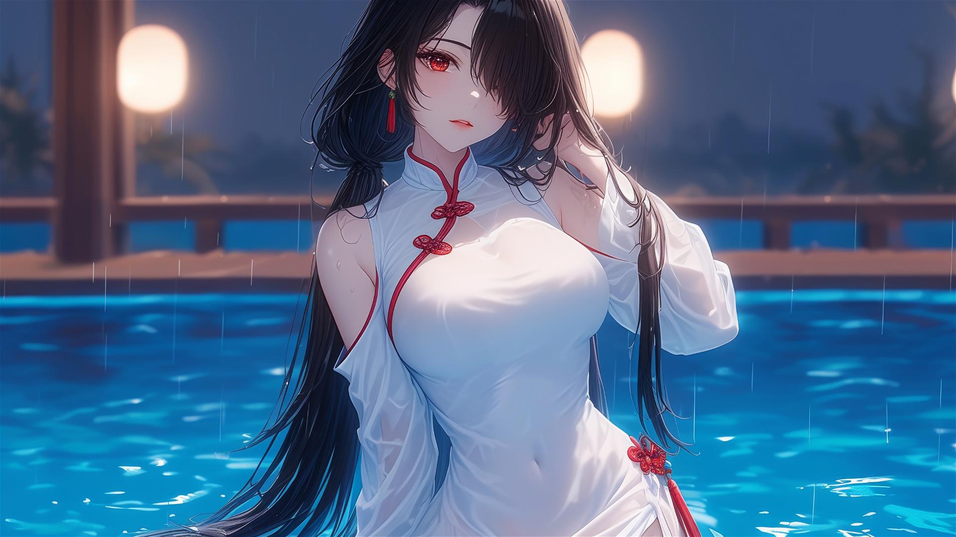 Kurumi Tokisaki in a rainy pool under moonlight, white dress, one red eye
