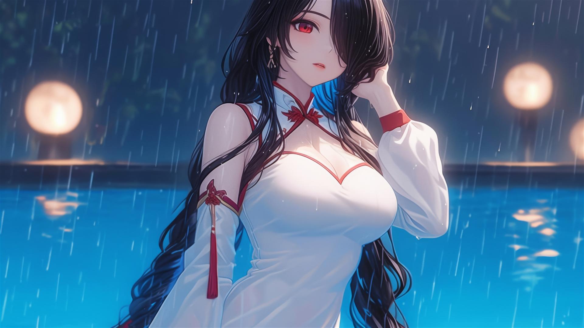 Kurumi Tokisaki in white, rainy pool under moonlight, red eye visible