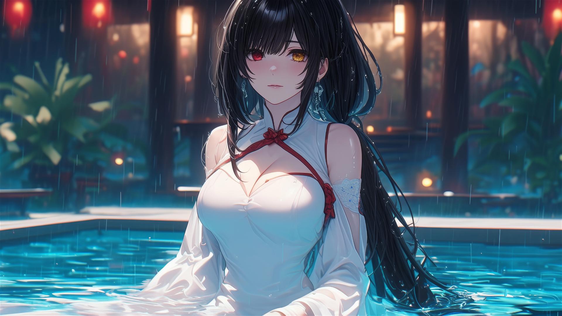 Kurumi Tokisaki in white dress under moonlight at rainy pool