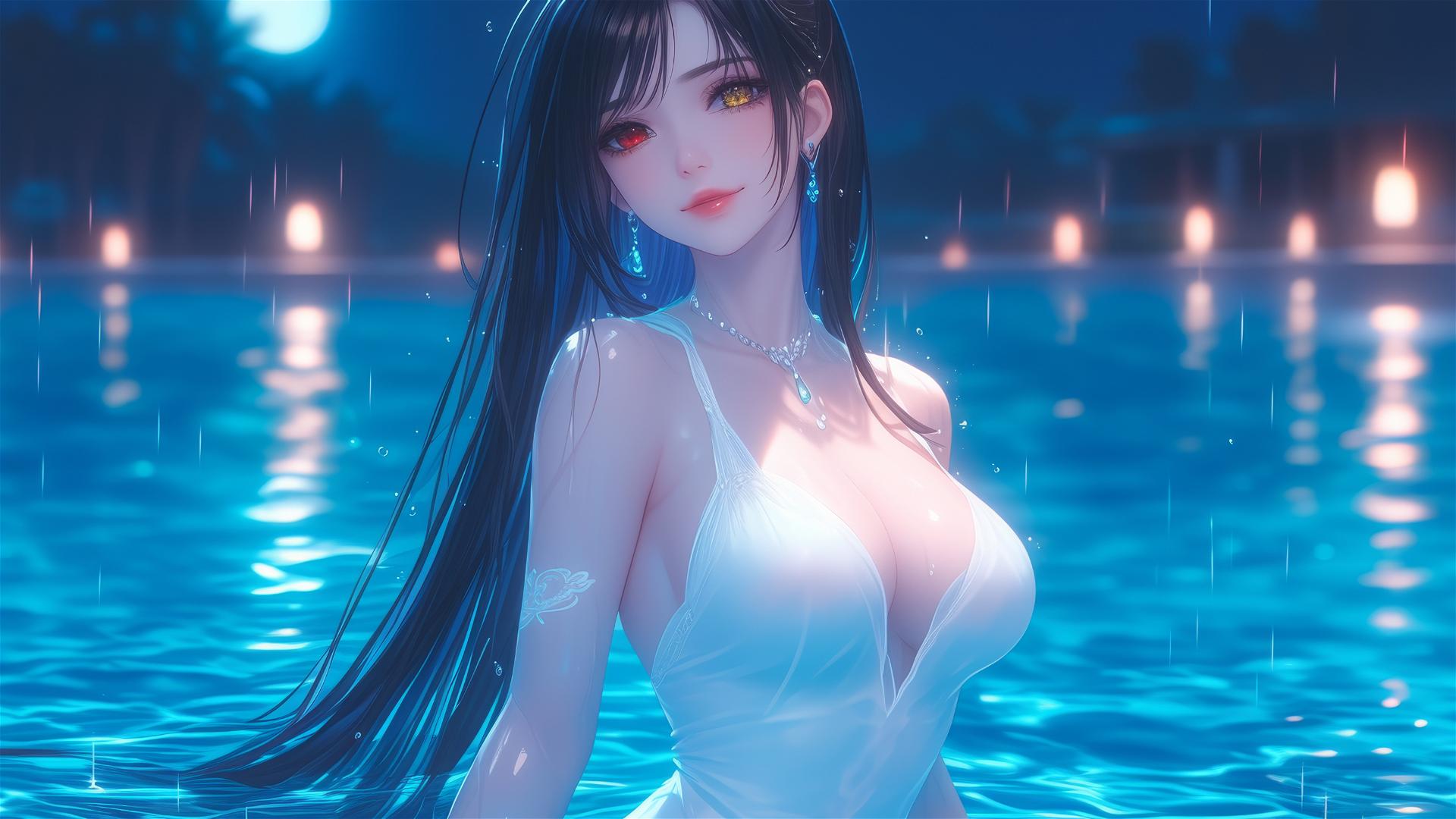 Kurumi Tokisaki standing in a pool under moonlight, dressed in white, eyes colored red and yellow.