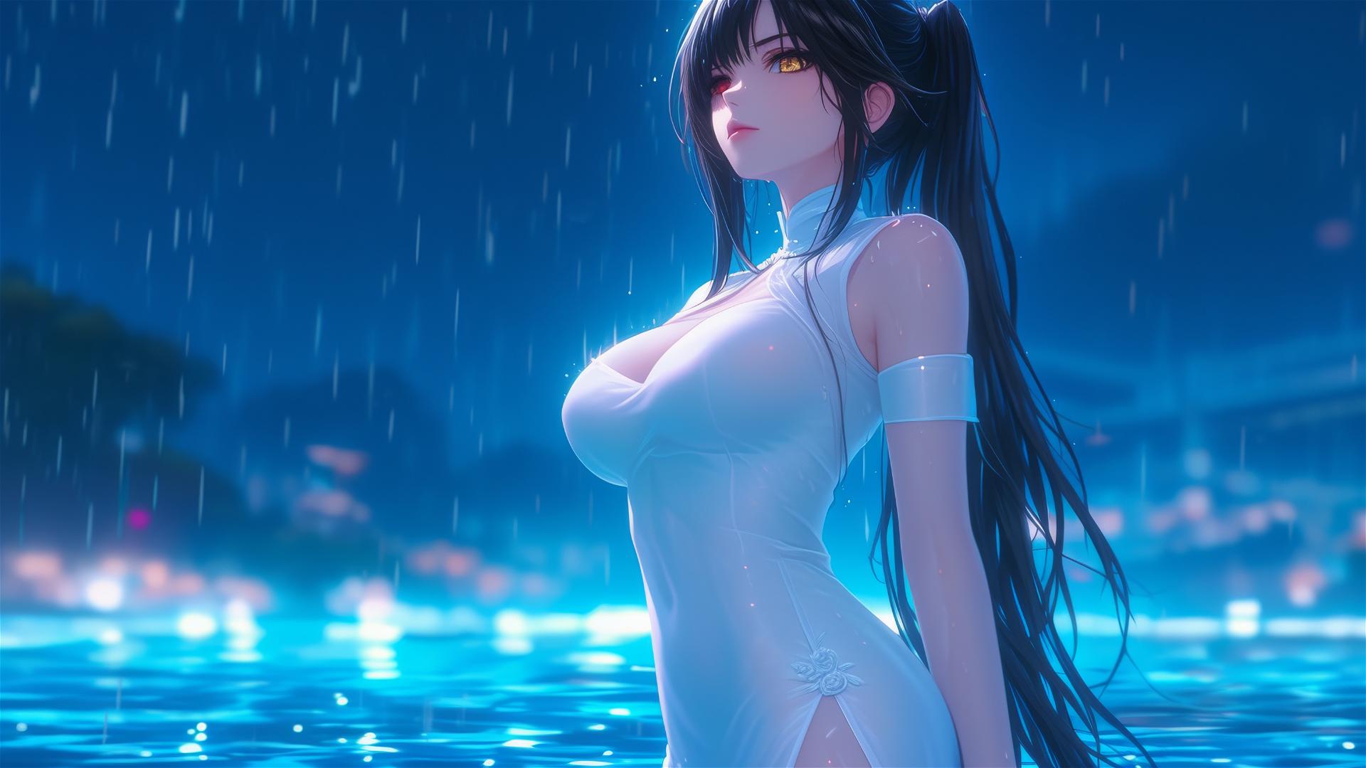 Kurumi Tokisaki in a white dress under moonlight in a rainy pool