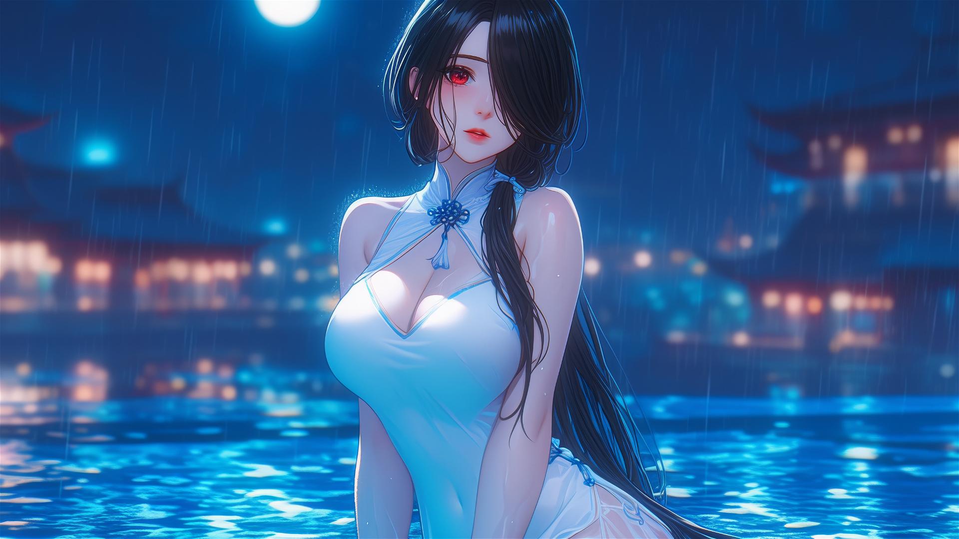 Kurumi Tokisaki in moonlit pool with rain, white dress, one red eye, hair-covered eye