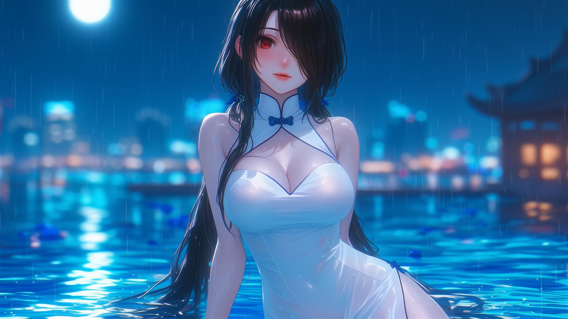 Kurumi Tokisaki in rainy pool under moonlight, white dress, red eye