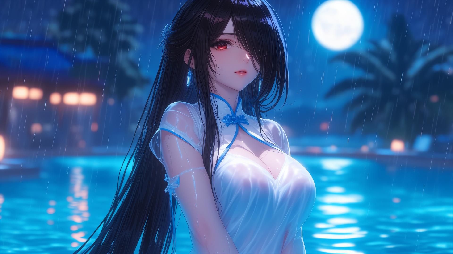 Kurumi Tokisaki from Date A Live standing in rainy pool under moonlight