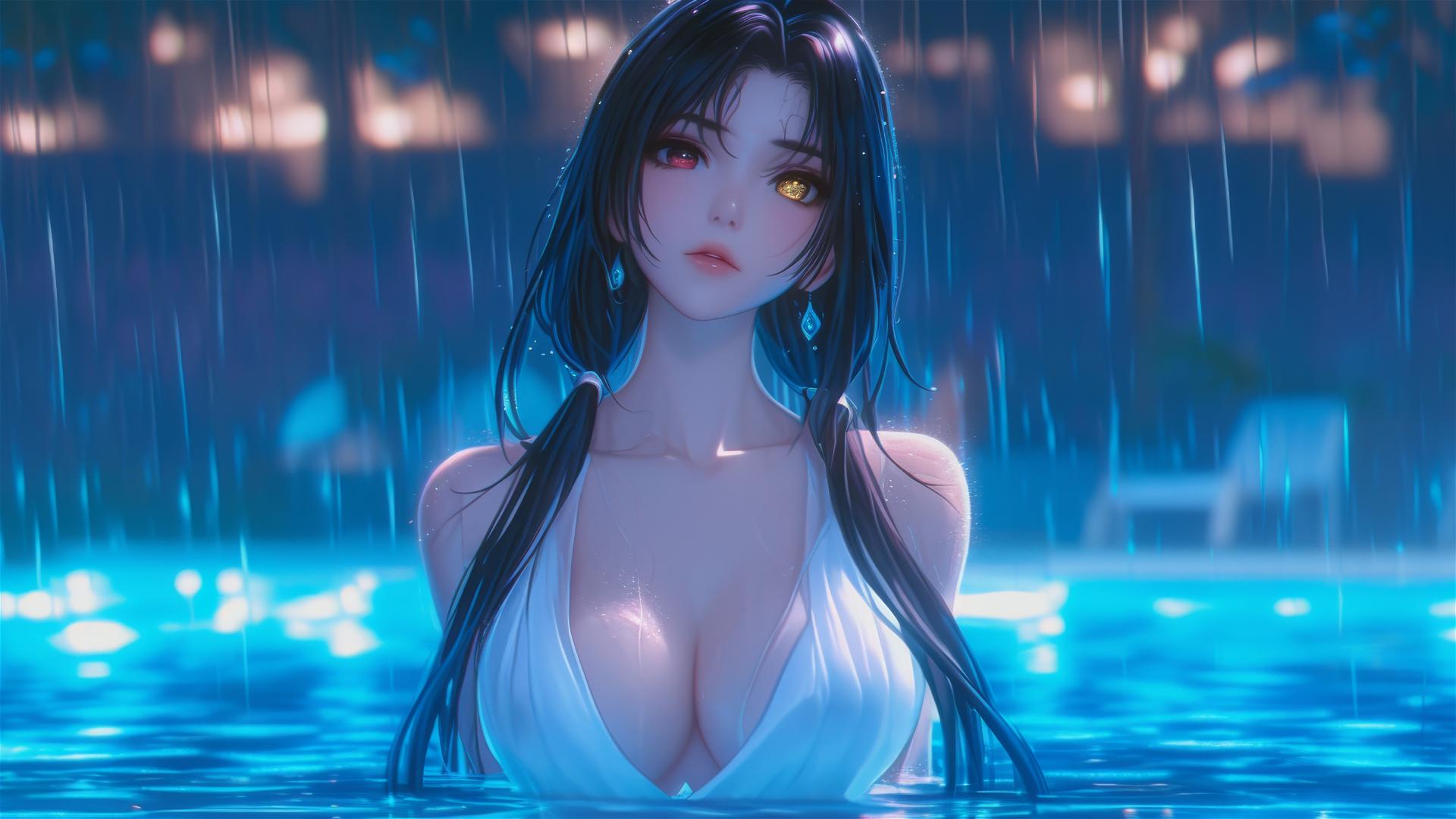 Kurumi Tokisaki in a white dress in a rainy pool with moonlit glow, red and yellow eyes