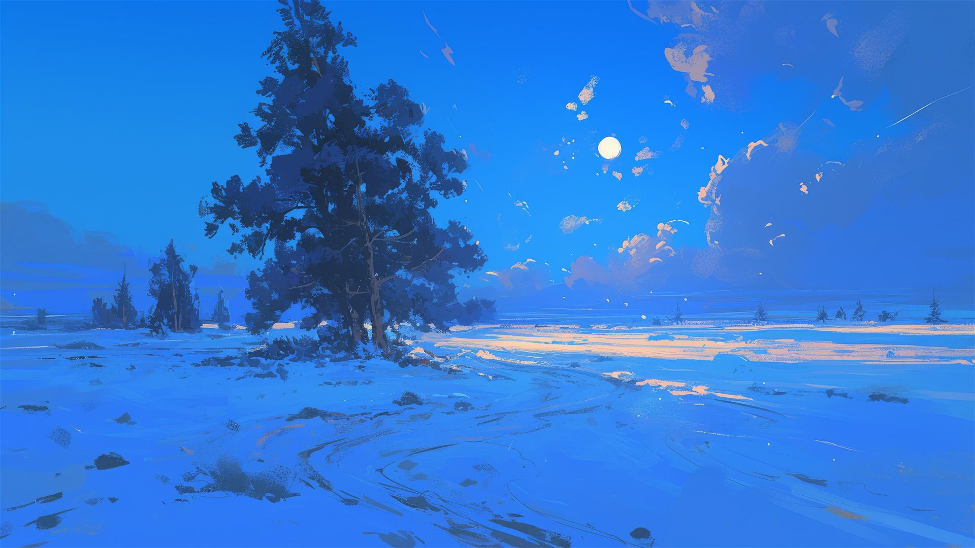 Moonlit snowfield with animal tracks under a full moon