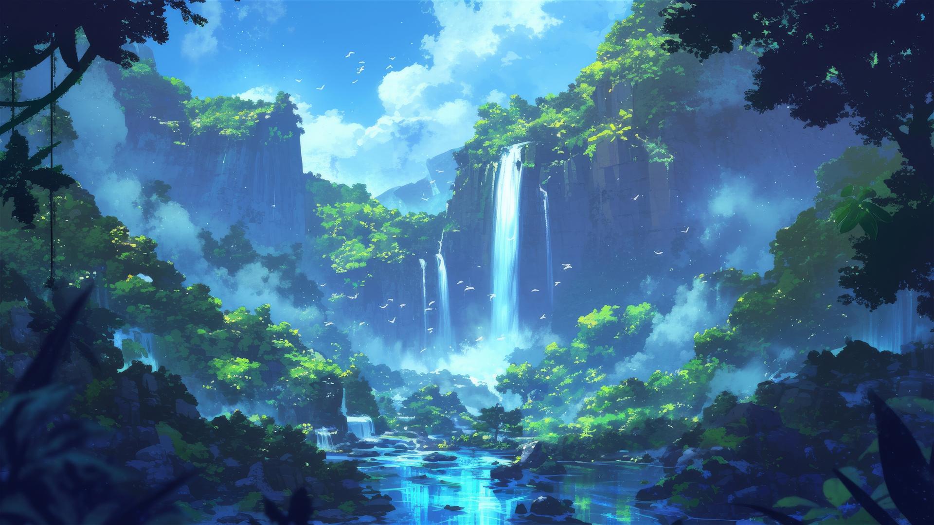 Waterfall in tropical jungle with greenery and mist
