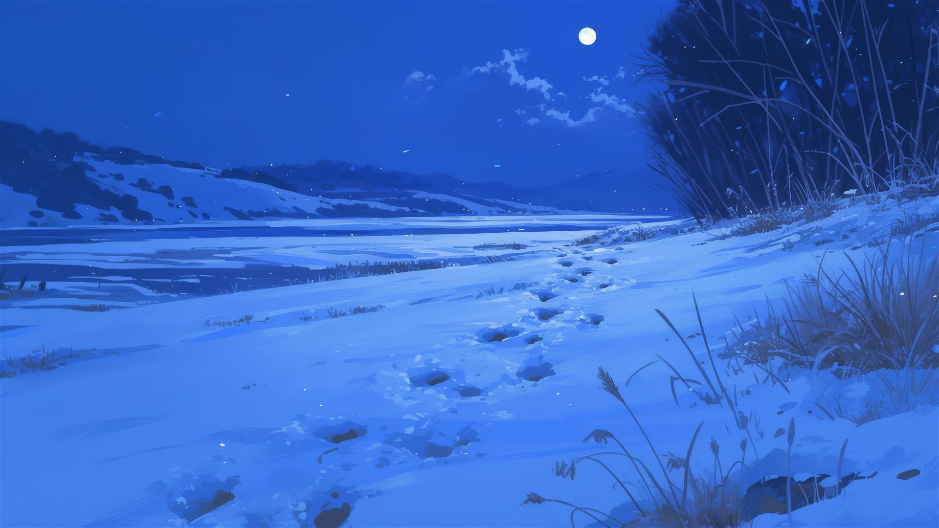 Moonlit snowfield with animal tracks under a full moon