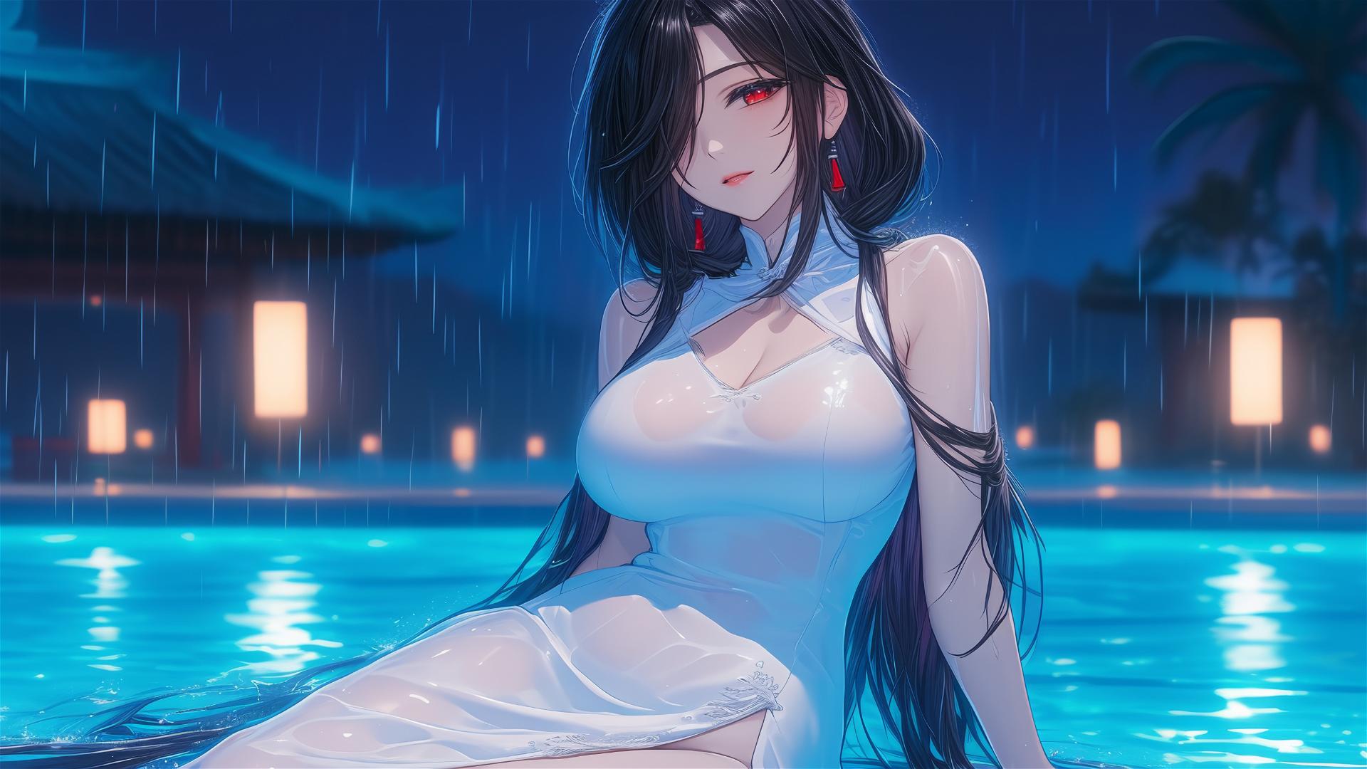 Kurumi Tokisaki resting by pool in moonlight with a red eye and white dress