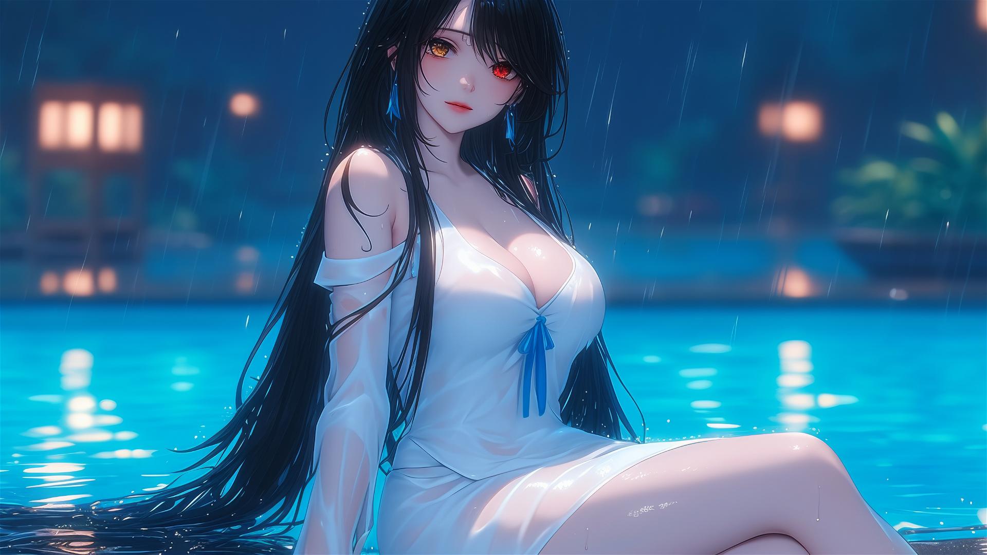 Kurumi Tokisaki by rainy pool, moonlit, in white dress, red eye visible