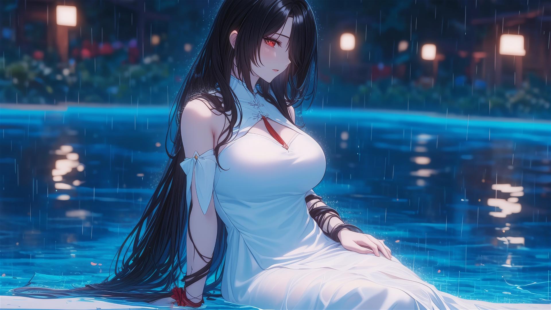 Kurumi Tokisaki resting by a pool under moonlight, dress in white with one red eye