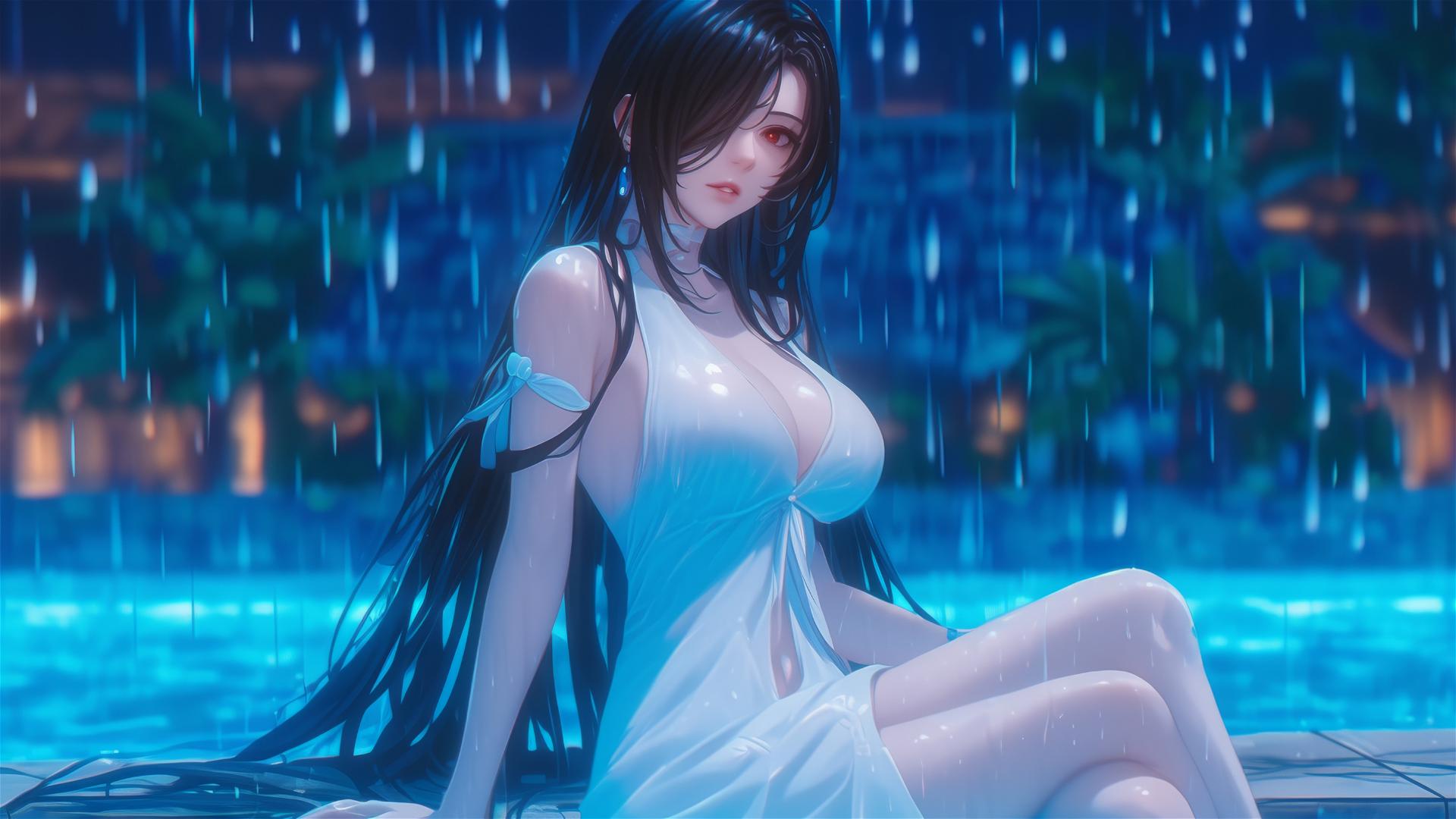 Kurumi Tokisaki resting by a pool under moonlight, dressed in white with one red eye visible