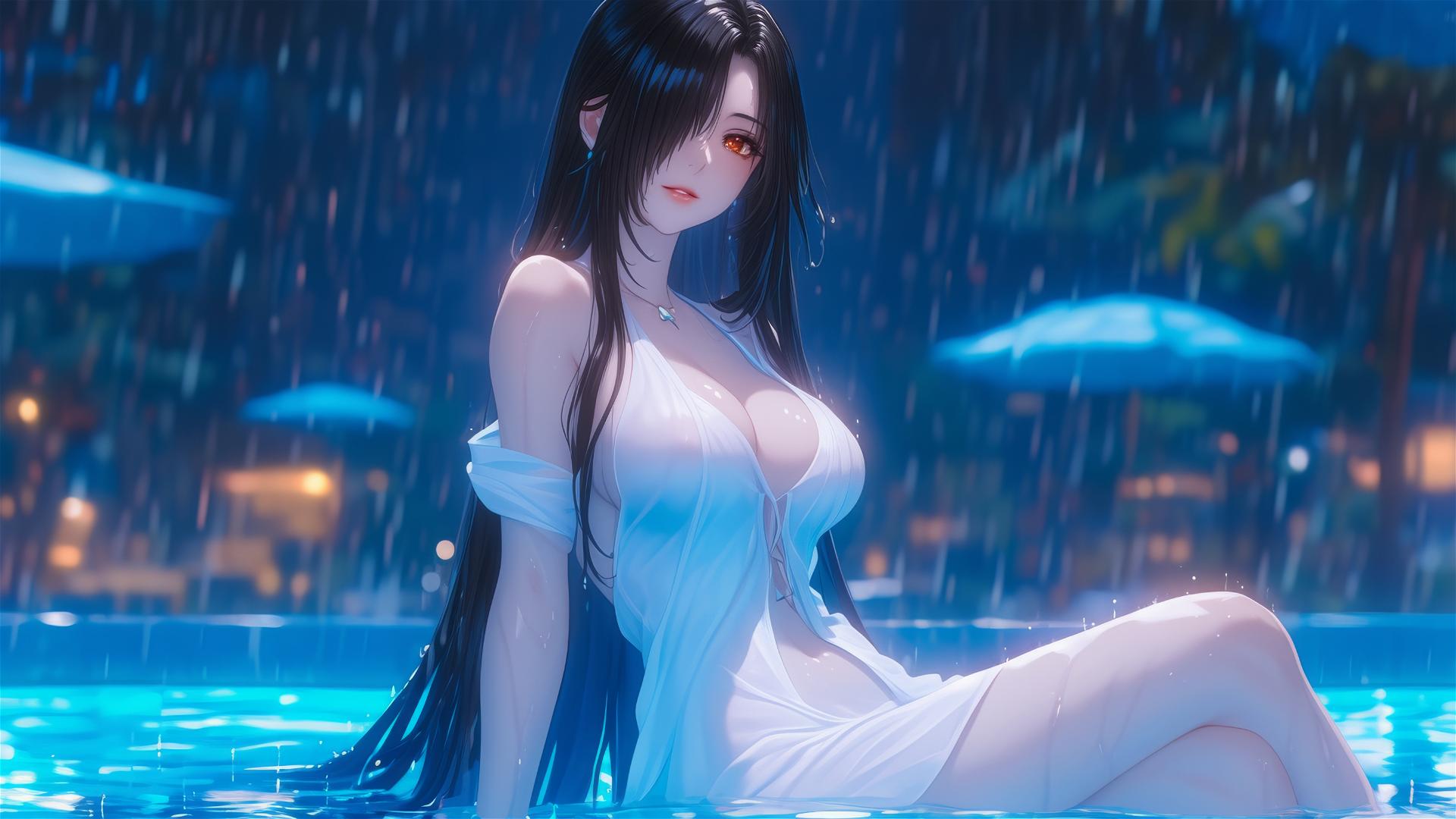 Kurumi Tokisaki by pool in moonlight, white dress, raining, one red eye