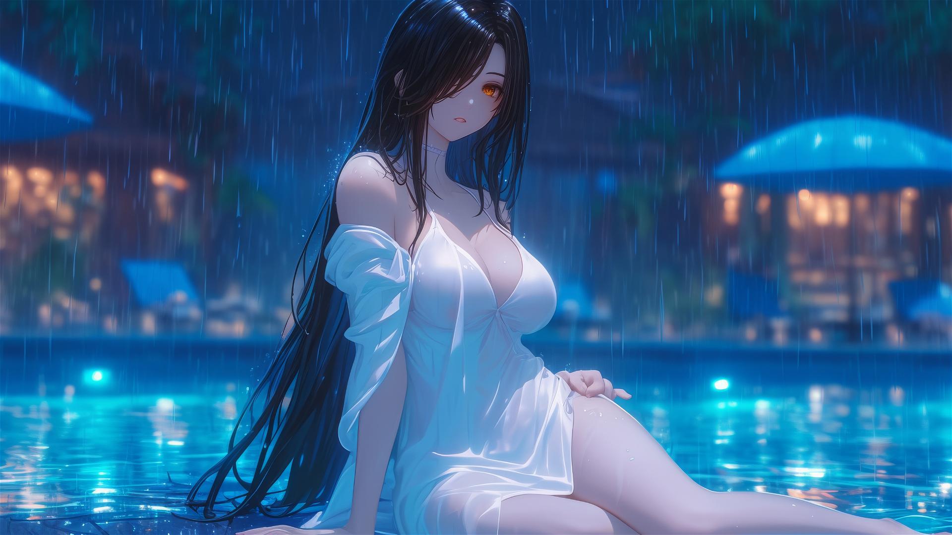 Kurumi Tokisaki by moonlit pool, rain, white dress, red eye, hair over one eye