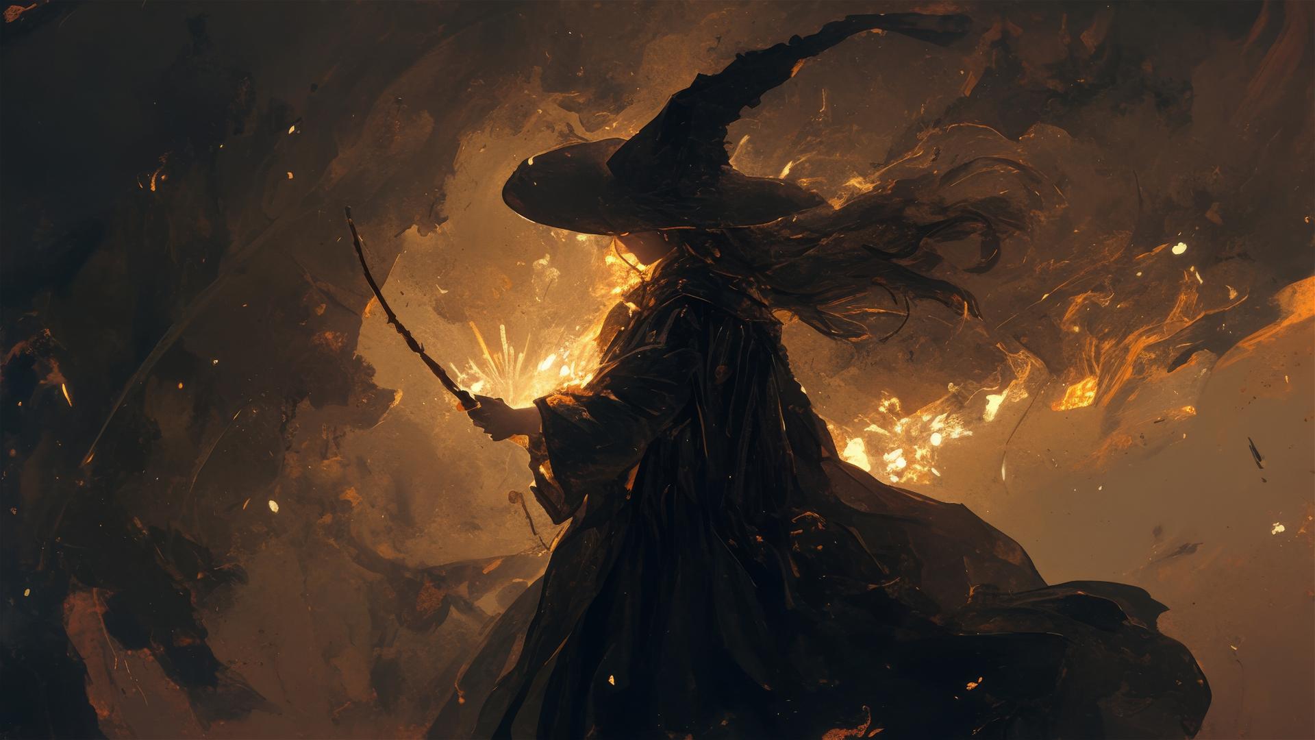 Isolated Hogwarts witch girl in spotlight on dark background