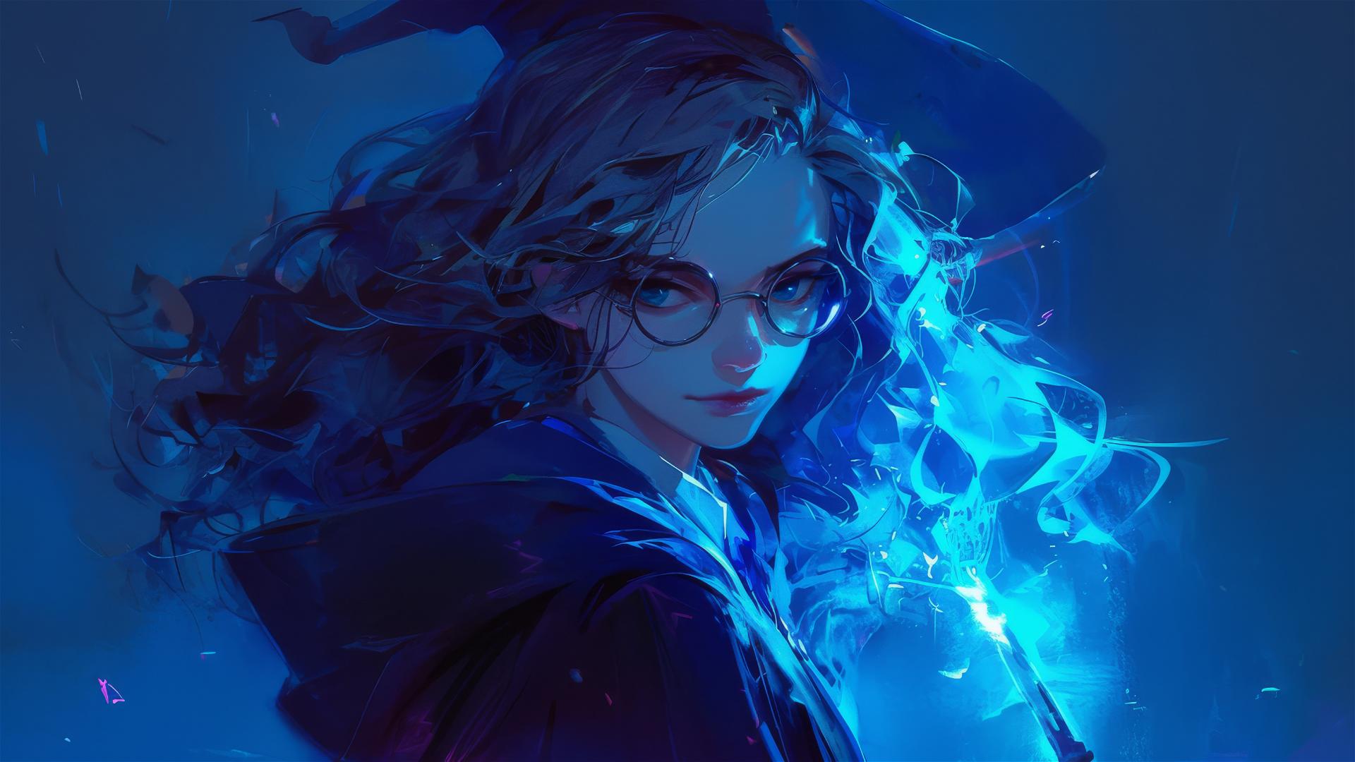 Hogwarts witch girl with dark background, Harry Potter film style, spotlight effect