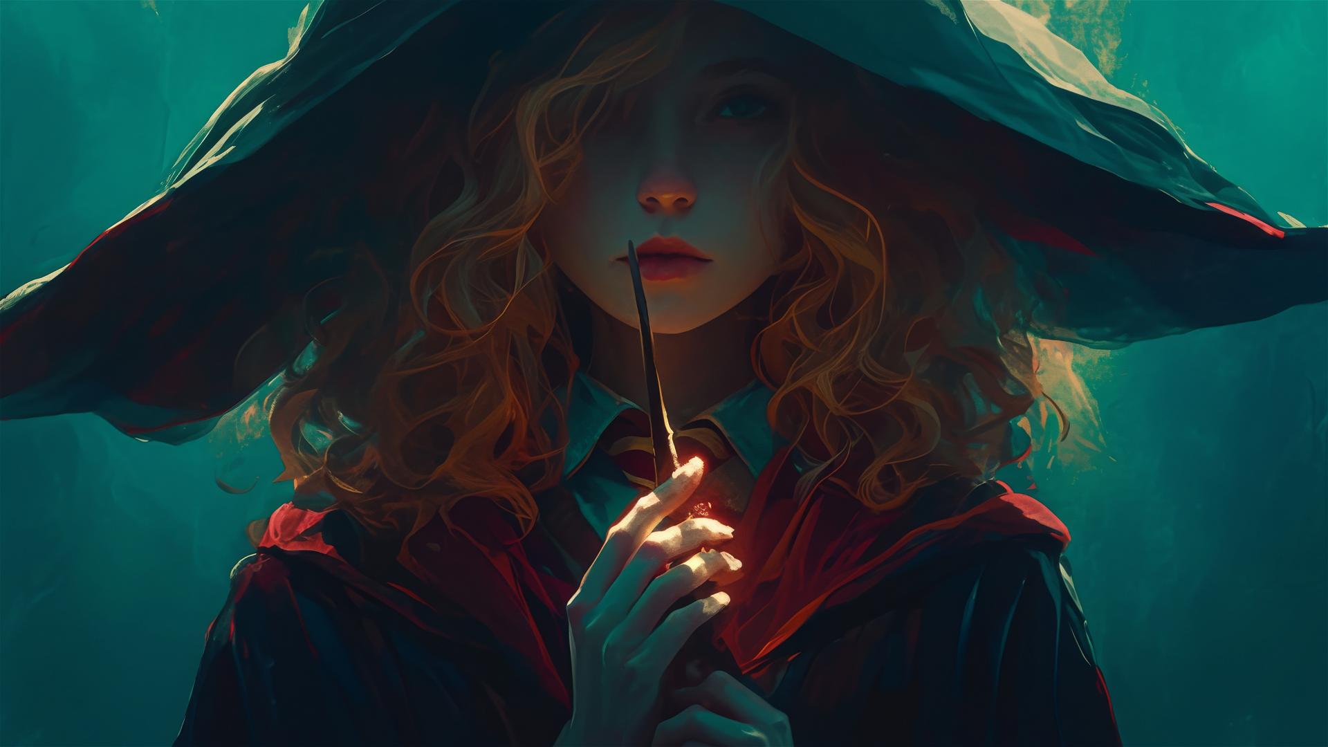 Hogwarts witch girl in spotlight on dark background