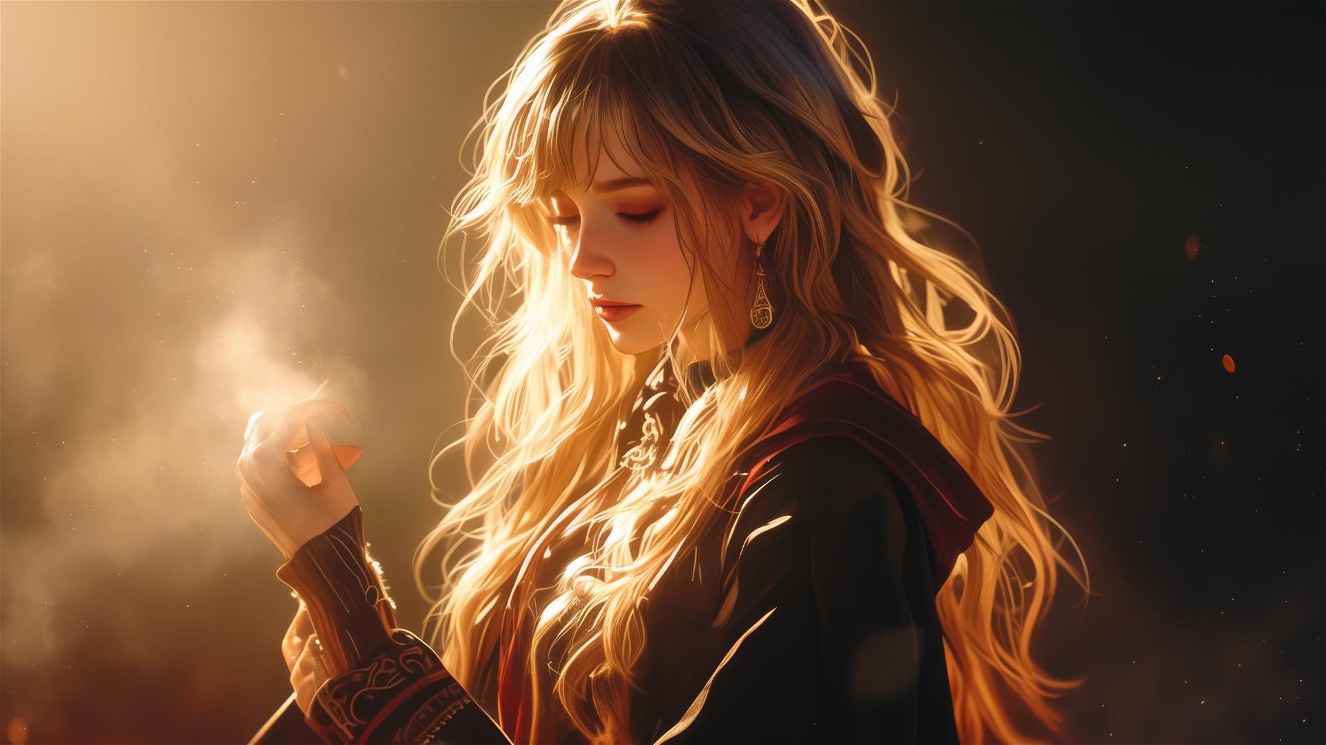Hogwarts witch girl with spotlight effect on dark background