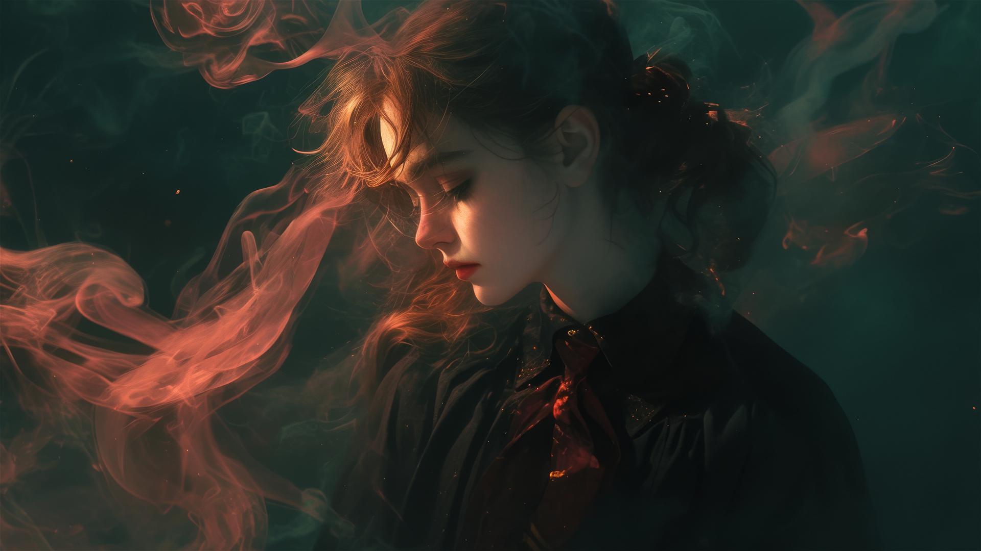Hogwarts witch girl with spotlight on dark background, Harry Potter style