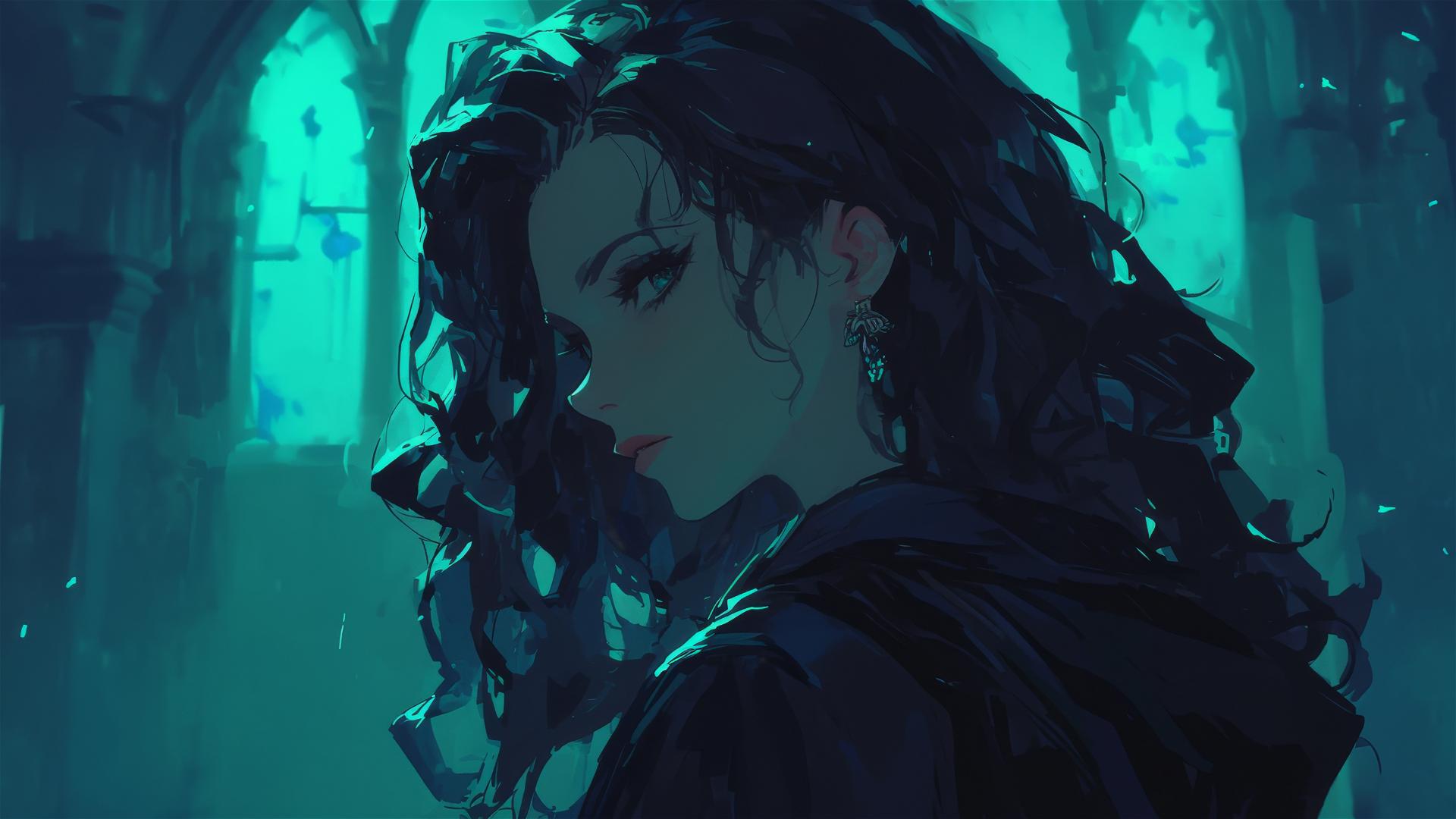 Hogwarts witch girl in spotlight on a dark background