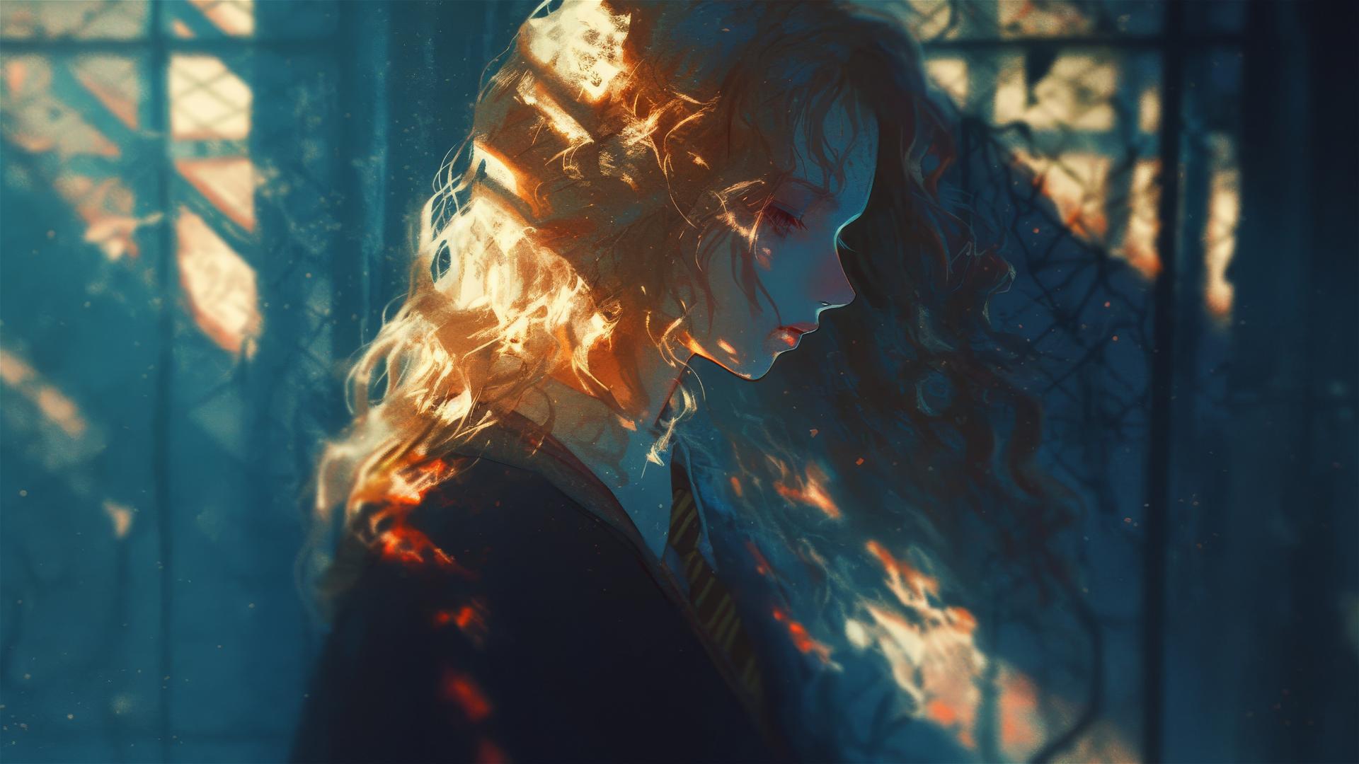 Hogwarts witch girl in spotlight on dark background