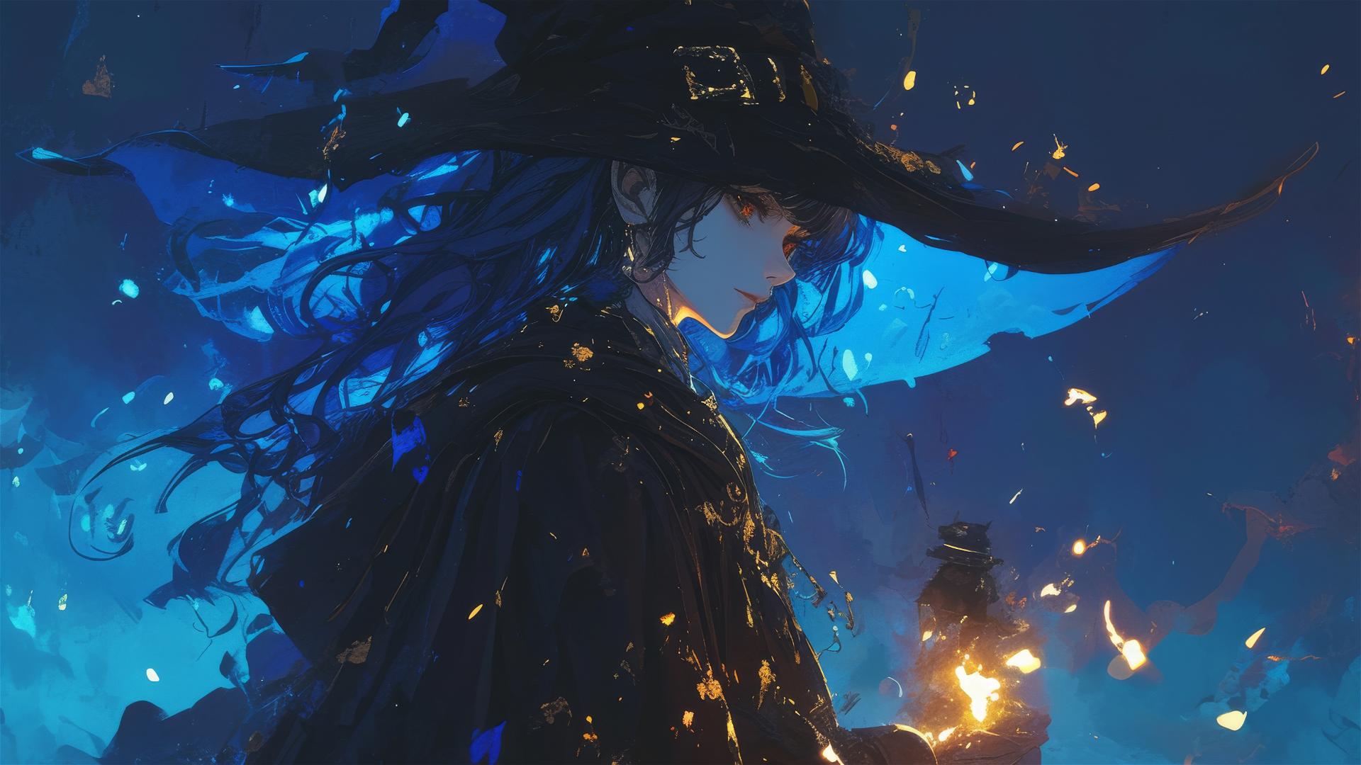 Hogwarts witch girl with spotlight effect on dark background