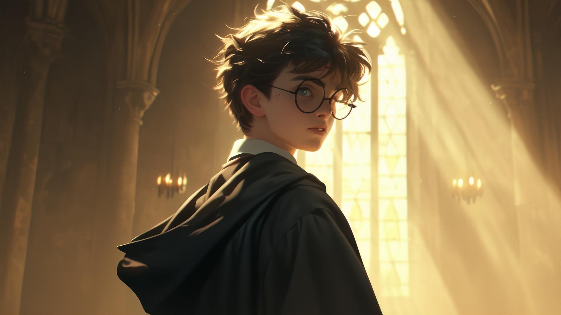 Harry Potter in spotlight on dark background