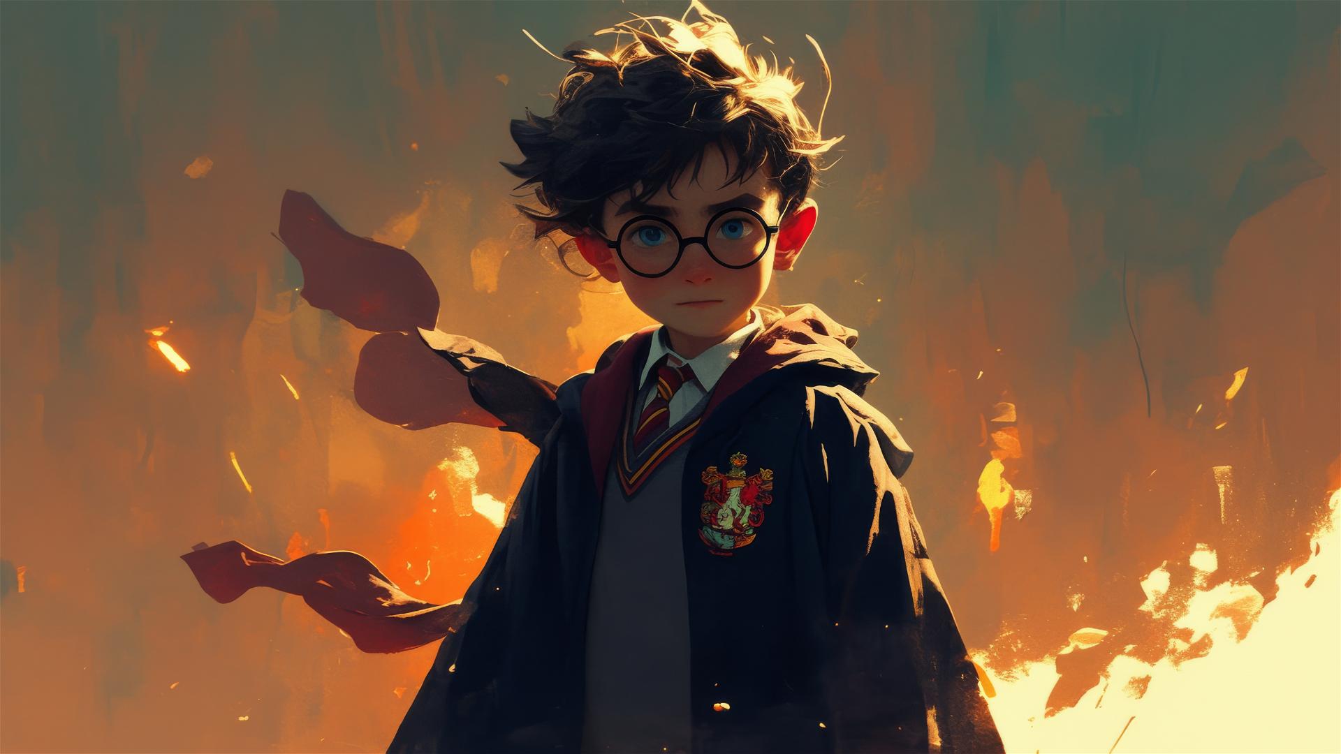 Artistic image of Harry Potter isolated on dark background with spotlight effect