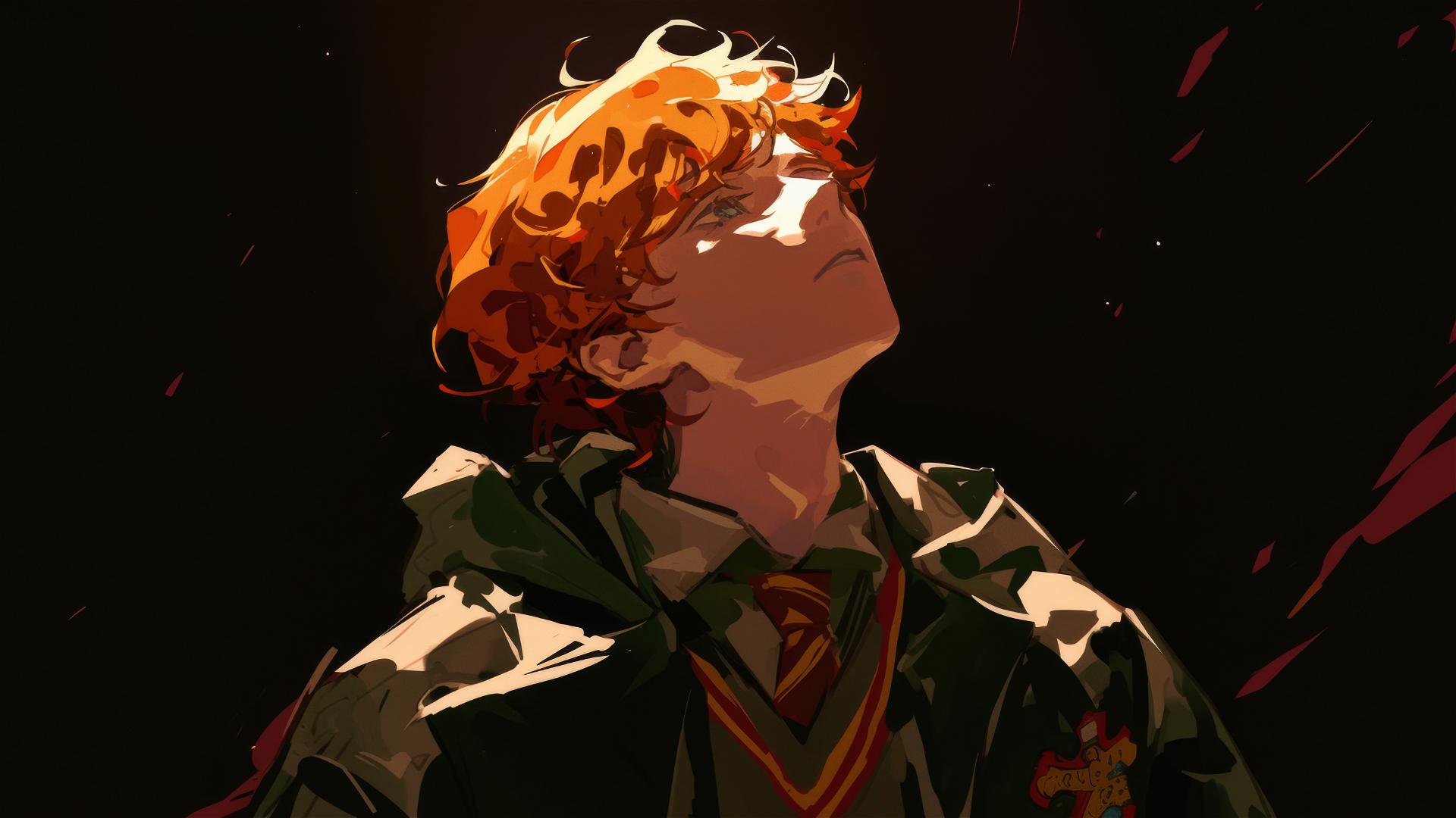 Isolated drawing of Ron Weasley with spotlight effect on dark background