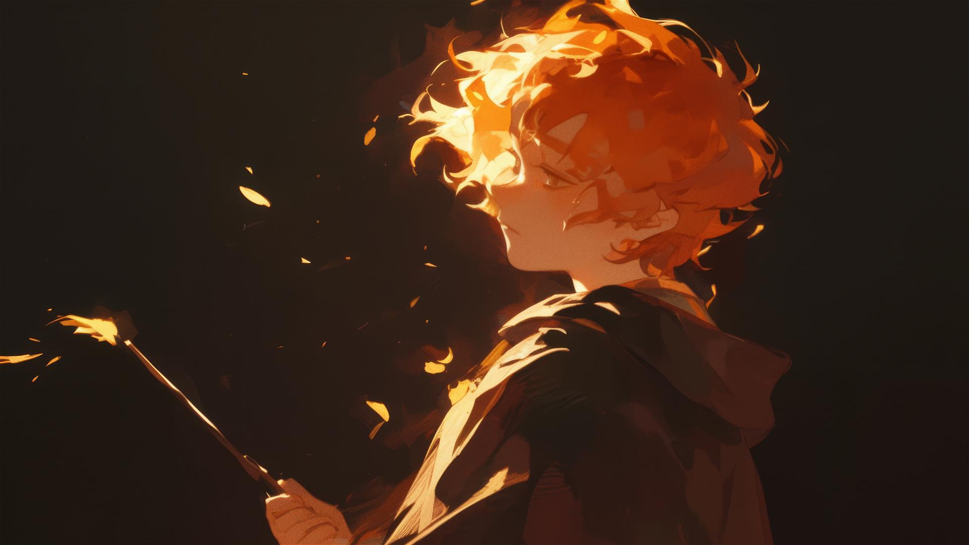 Ron Weasley illustration with red hair against dark backdrop under spotlight