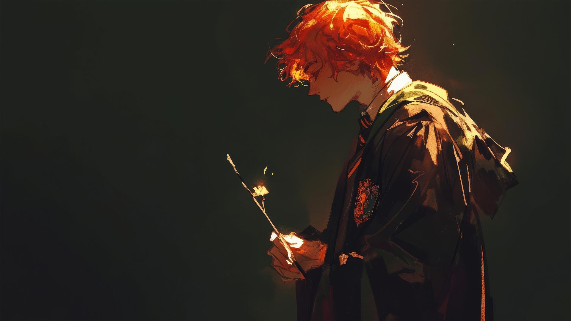 Artistic drawing of Ron Weasley with red hair on a dark background
