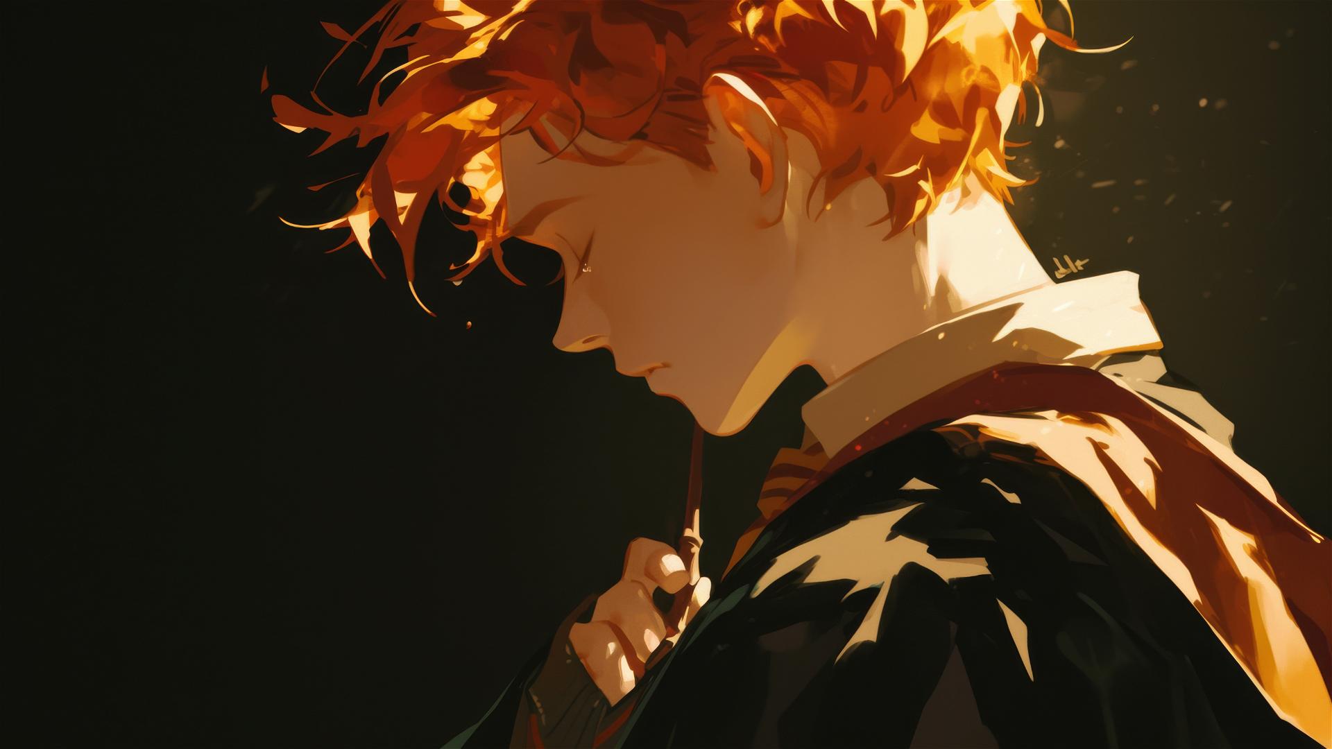 Artistic drawing of Ron Weasley with red hair on dark background