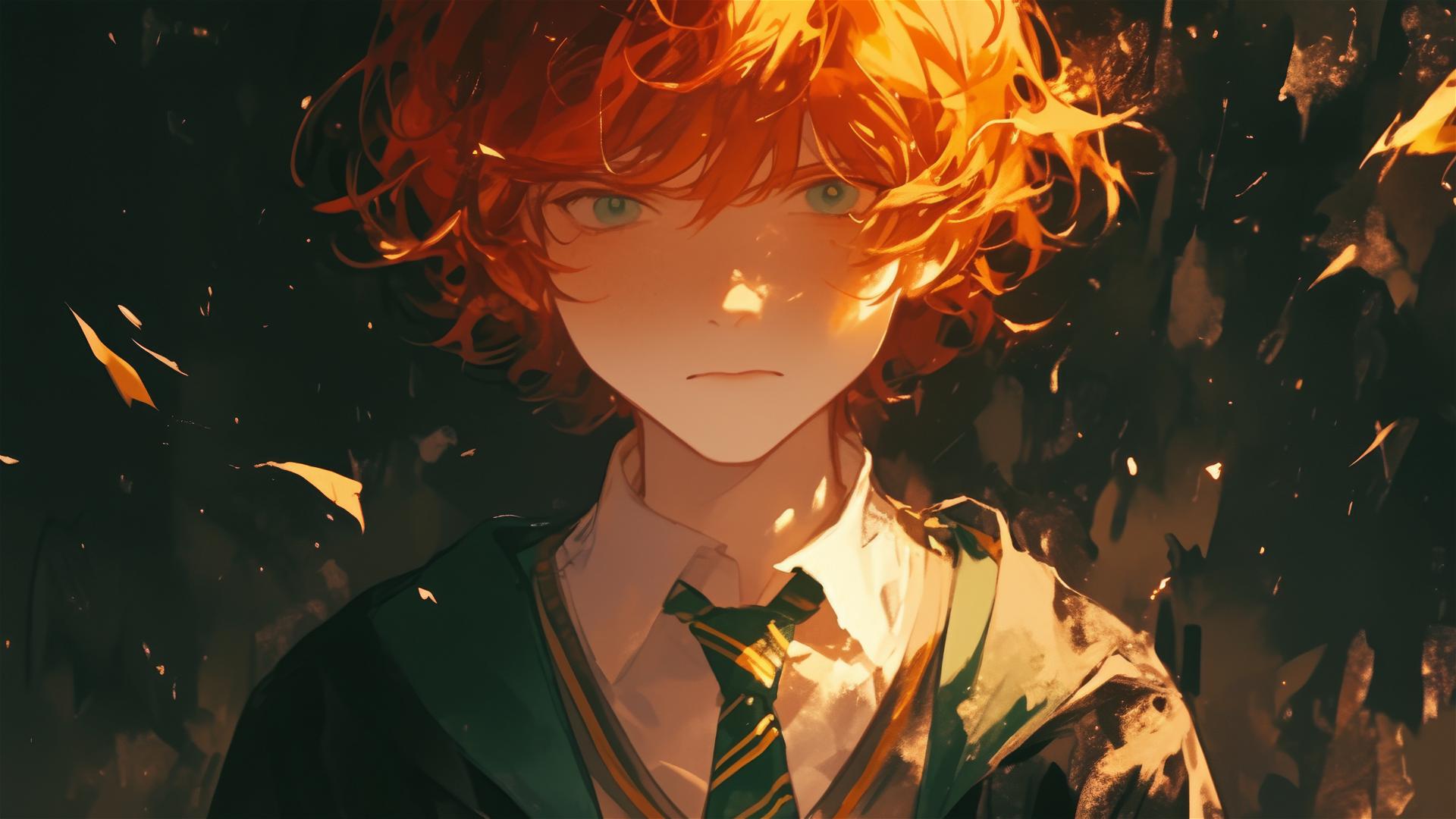 Artistic drawing of Ron Weasley with red hair under spotlight on dark background